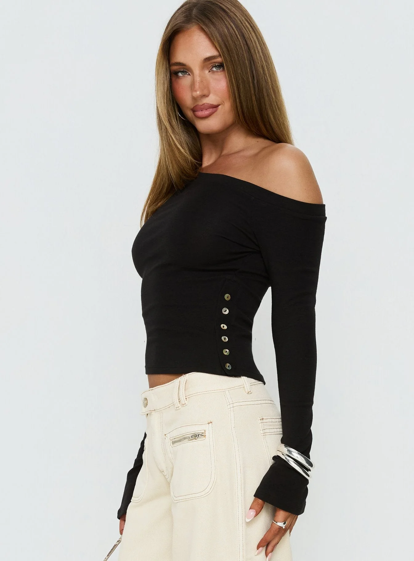 Think of Me Long Sleeve One Shoulder Top Black - Image 4