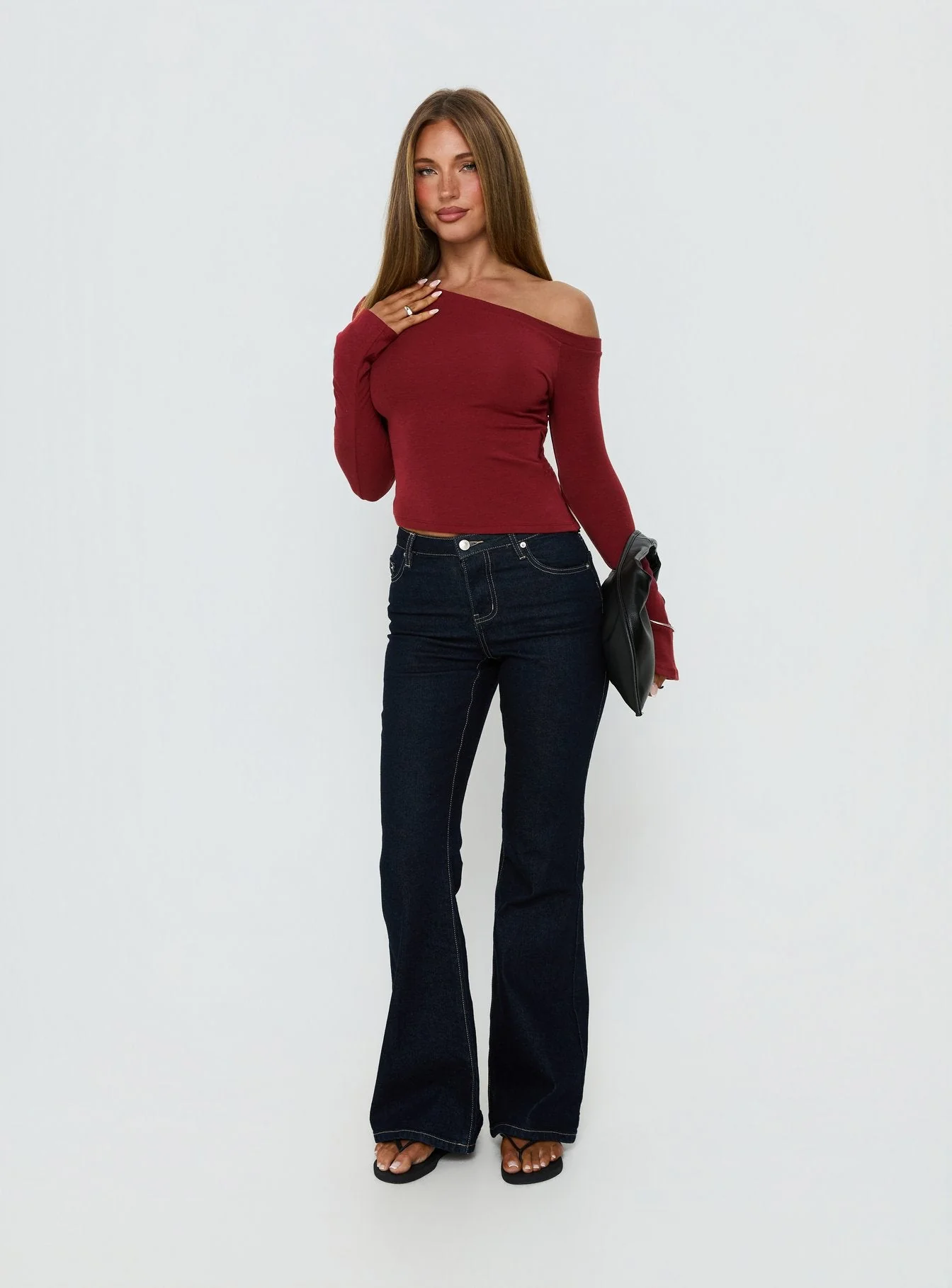 Think of Me Long Sleeve One Shoulder Top Cherry - Image 2