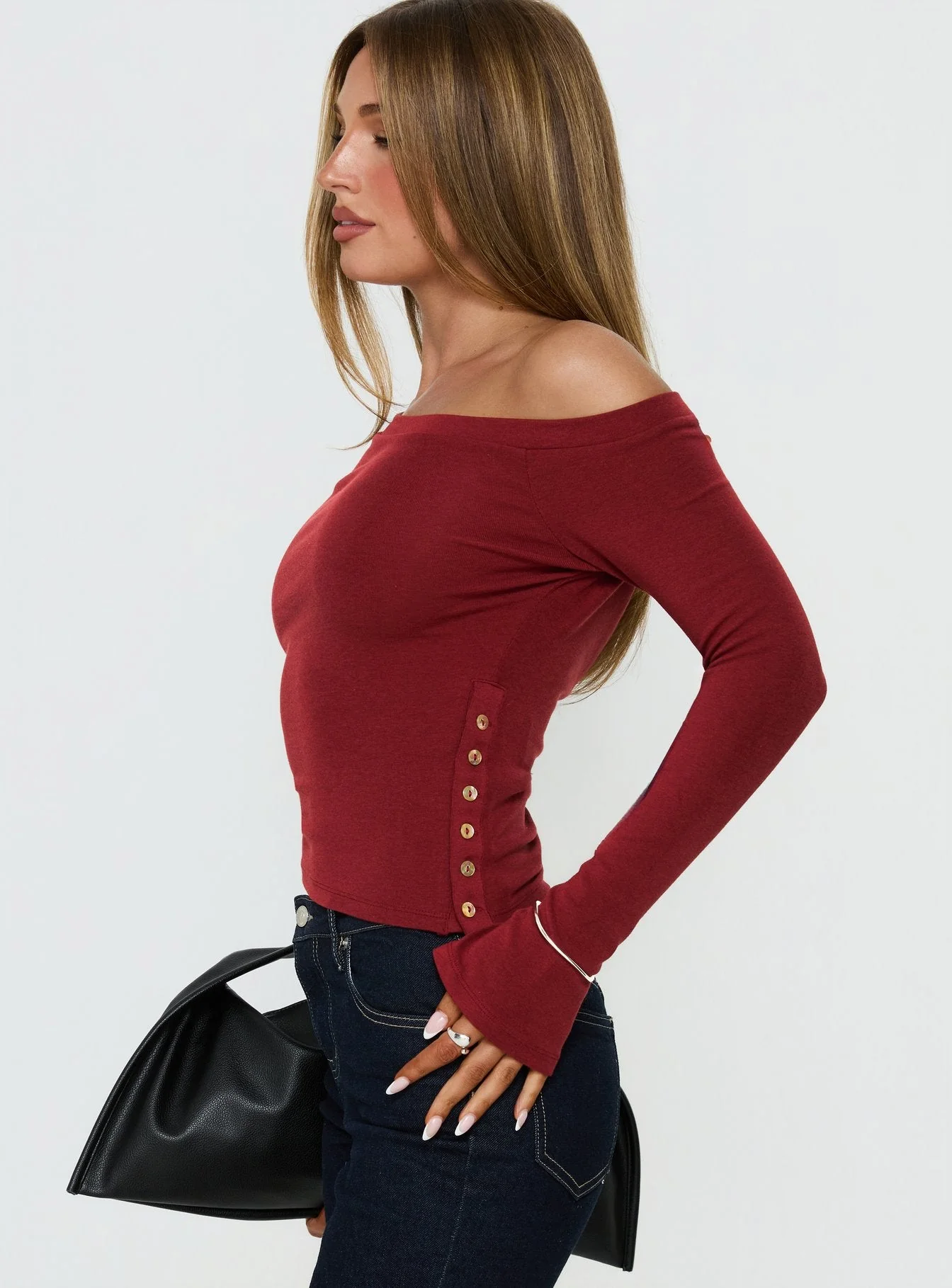 Think of Me Long Sleeve One Shoulder Top Cherry - Image 3