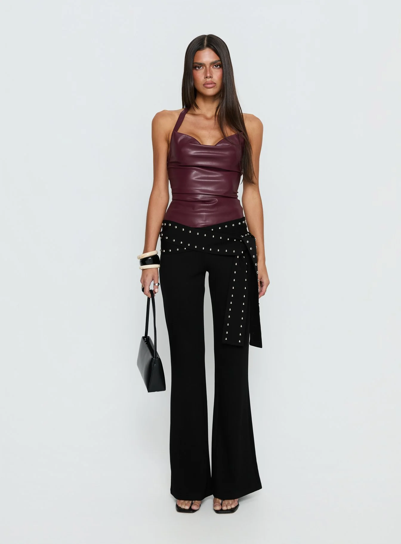 Thunderbolt Faux Leather Cowl Neck Top Plum - Image 7