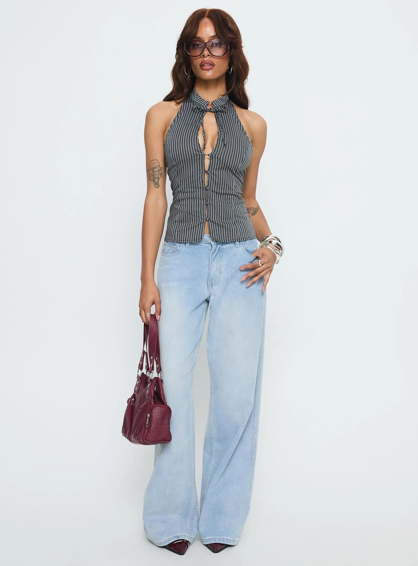 Tiarra Keyhole Sleeveless Top Black Stripe - Image 3