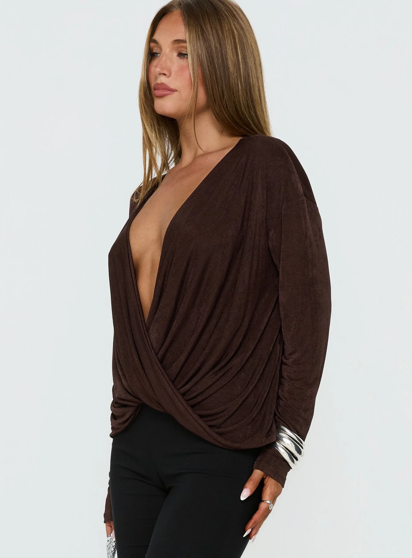 Tit For Tat Long Sleeve Draped Top Chocolate - Image 3