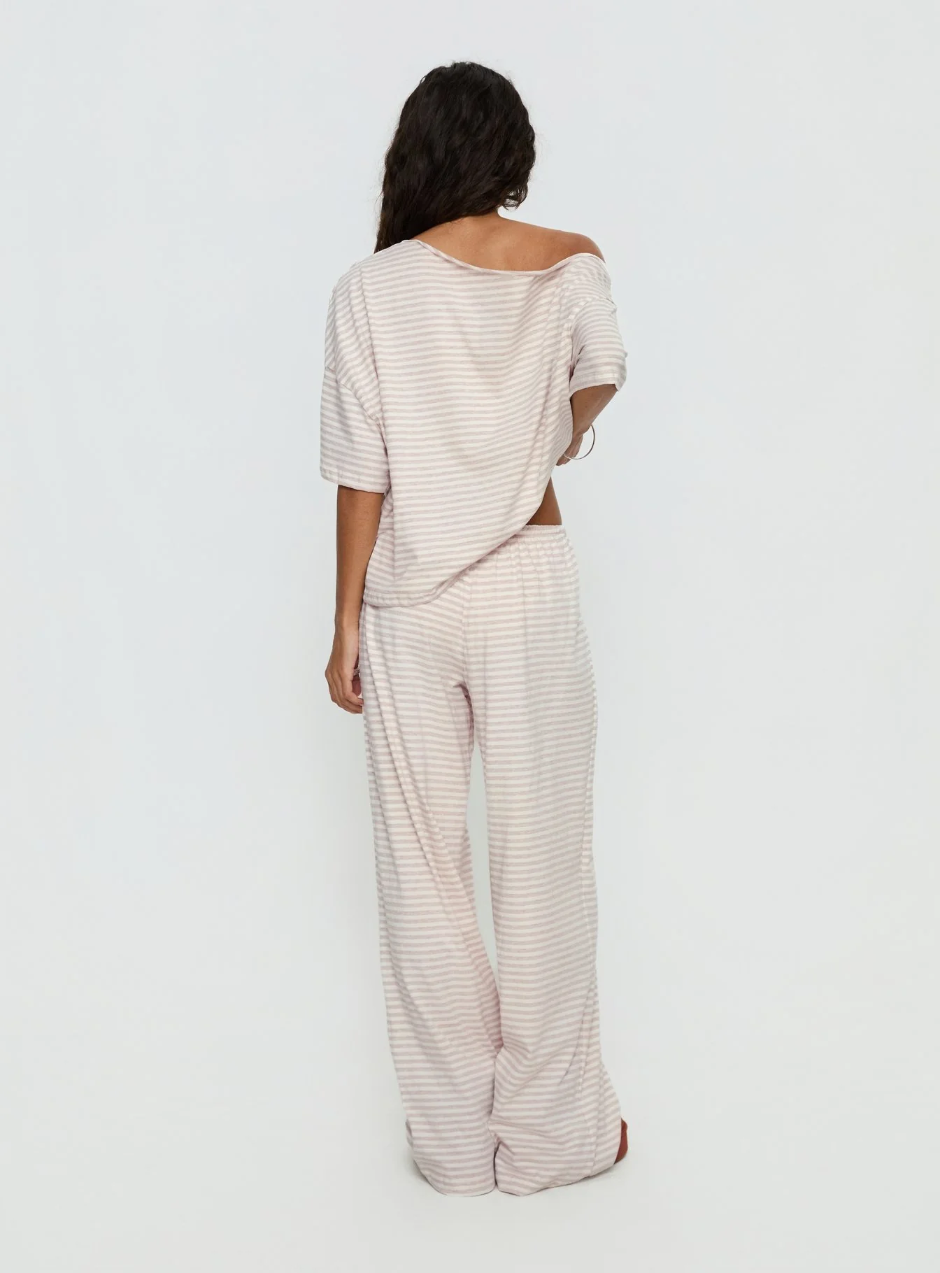 Tobie Off Shoulder Sleep Set Beige Stripe - Image 7