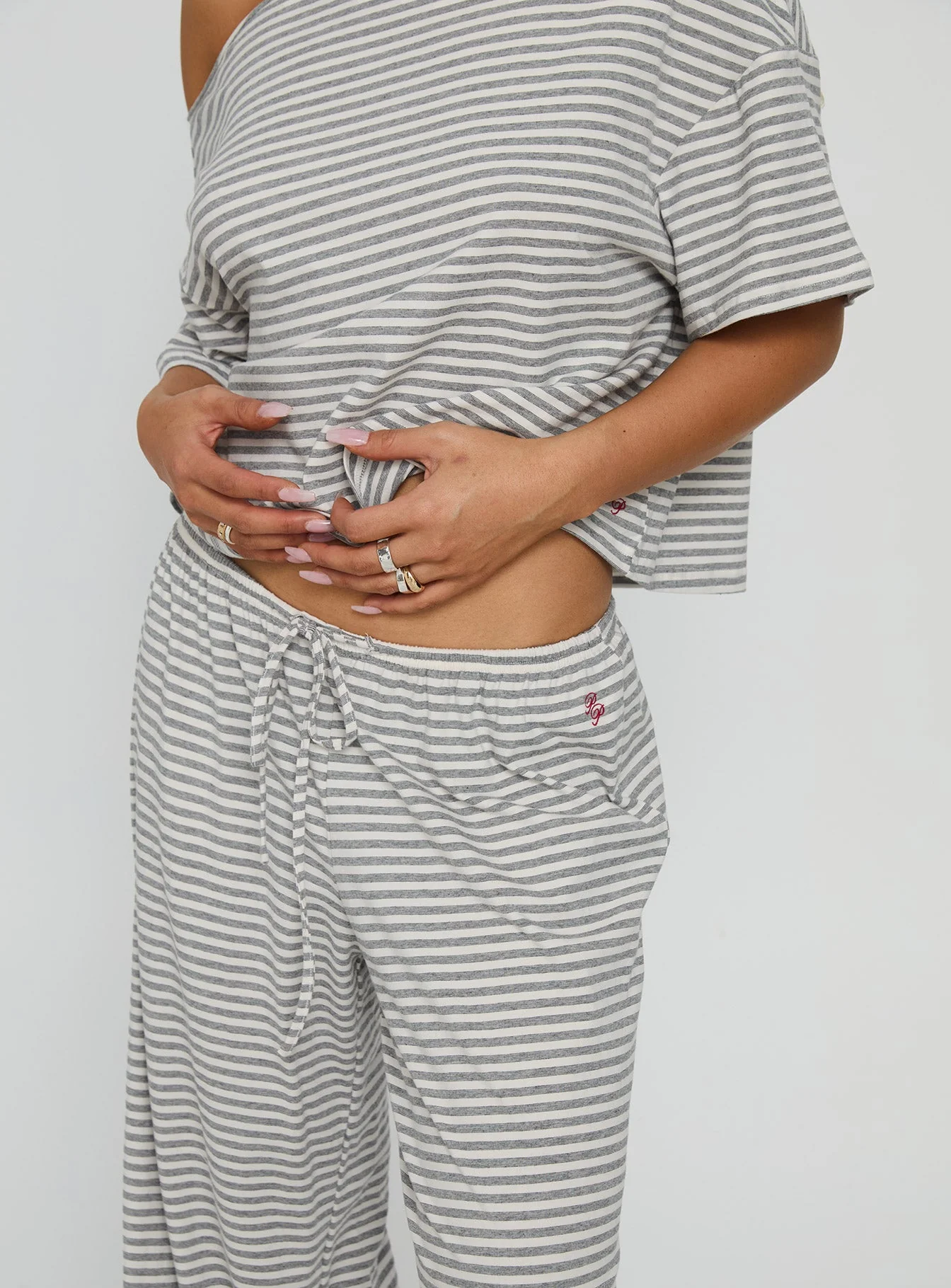 Tobie Off Shoulder Sleep Set Grey Stripe - Image 6