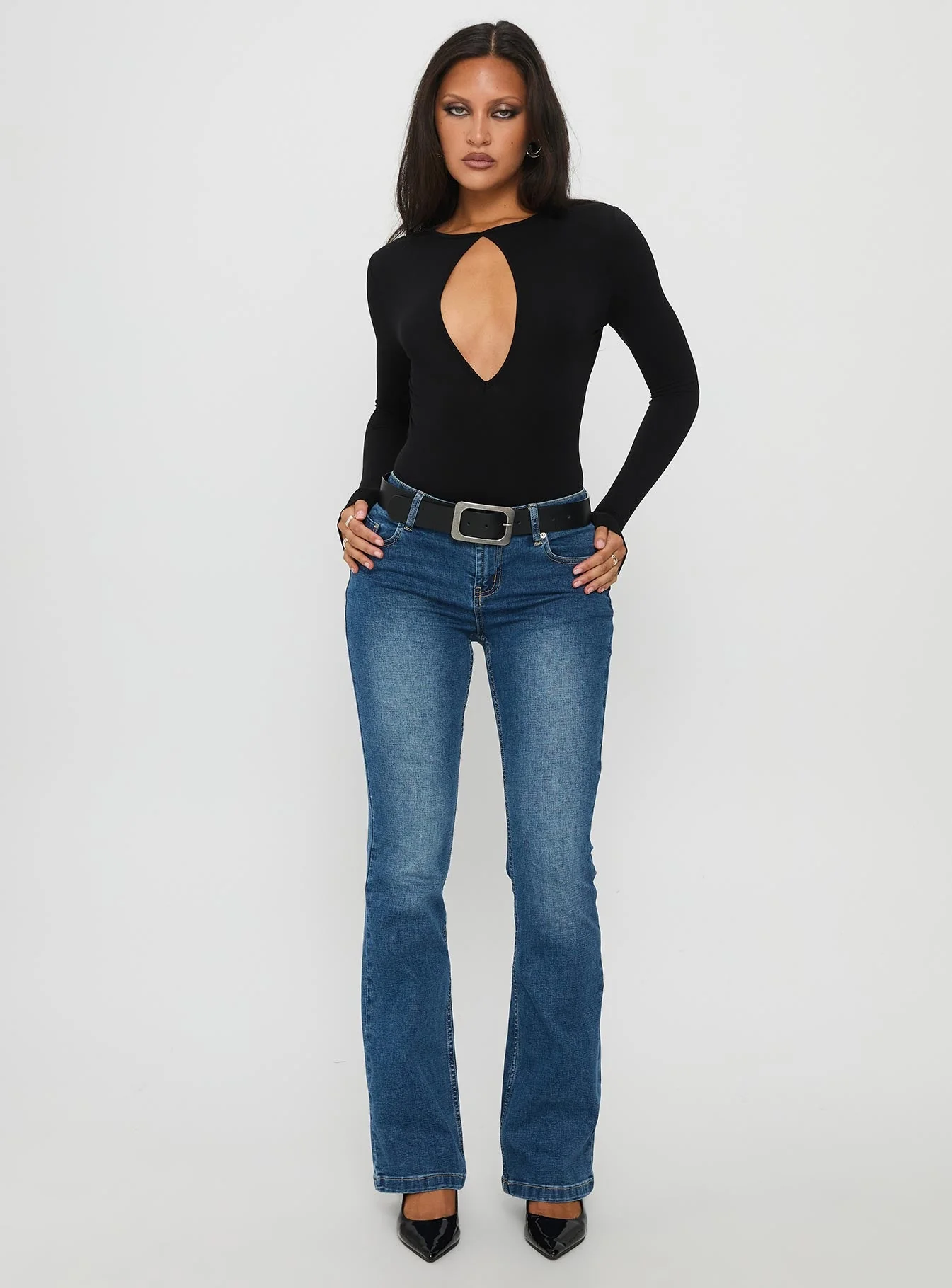 Tovira Cut Out Long Sleeve Bodysuit Black - Image 2