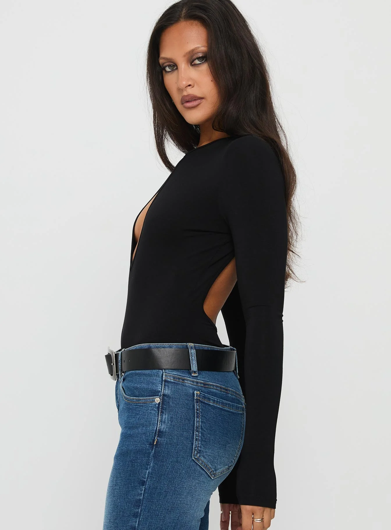 Tovira Cut Out Long Sleeve Bodysuit Black - Image 3