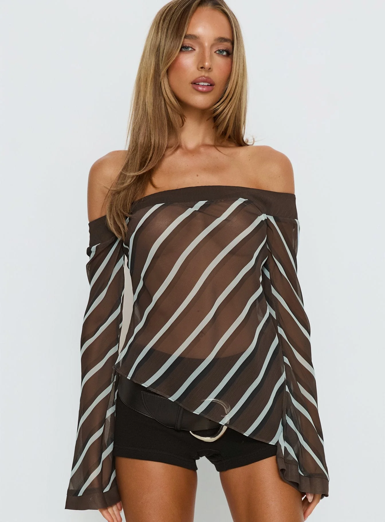 Trinkie Long Sleeve Off Shoulder Chiffon Top Navy Stripe - Image 2