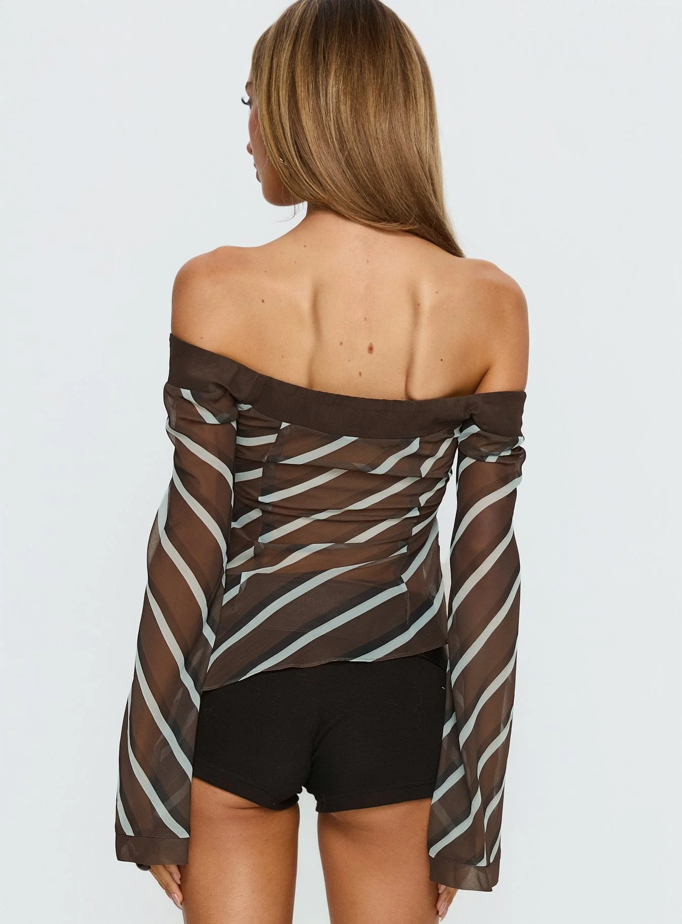 Trinkie Long Sleeve Off Shoulder Chiffon Top Navy Stripe - Image 5