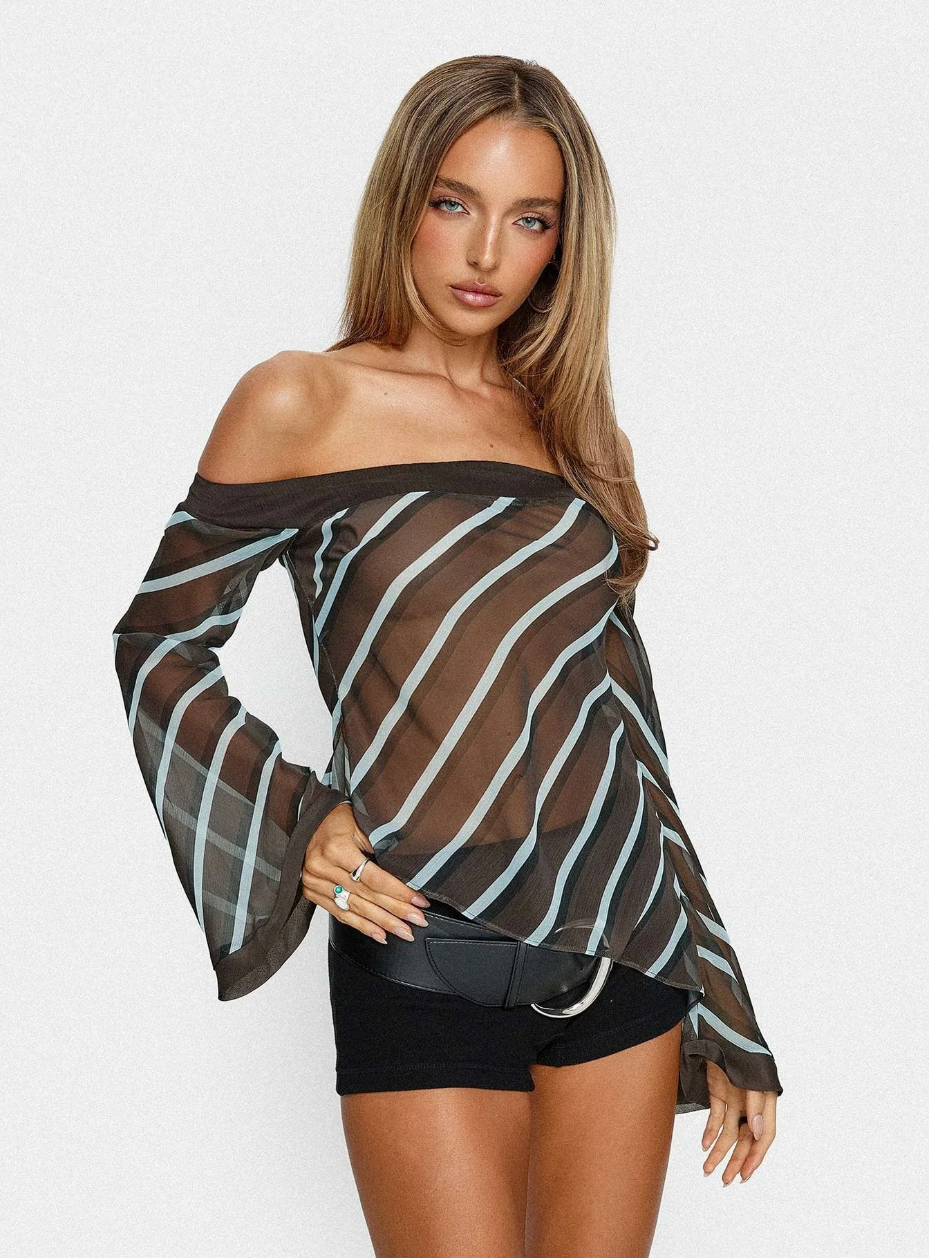 Trinkie Long Sleeve Off Shoulder Chiffon Top Navy Stripe - Image 8