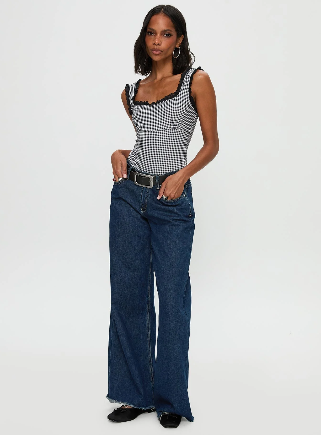 Trustfund Lace Trim Bodysuit Black / White Check - Image 2