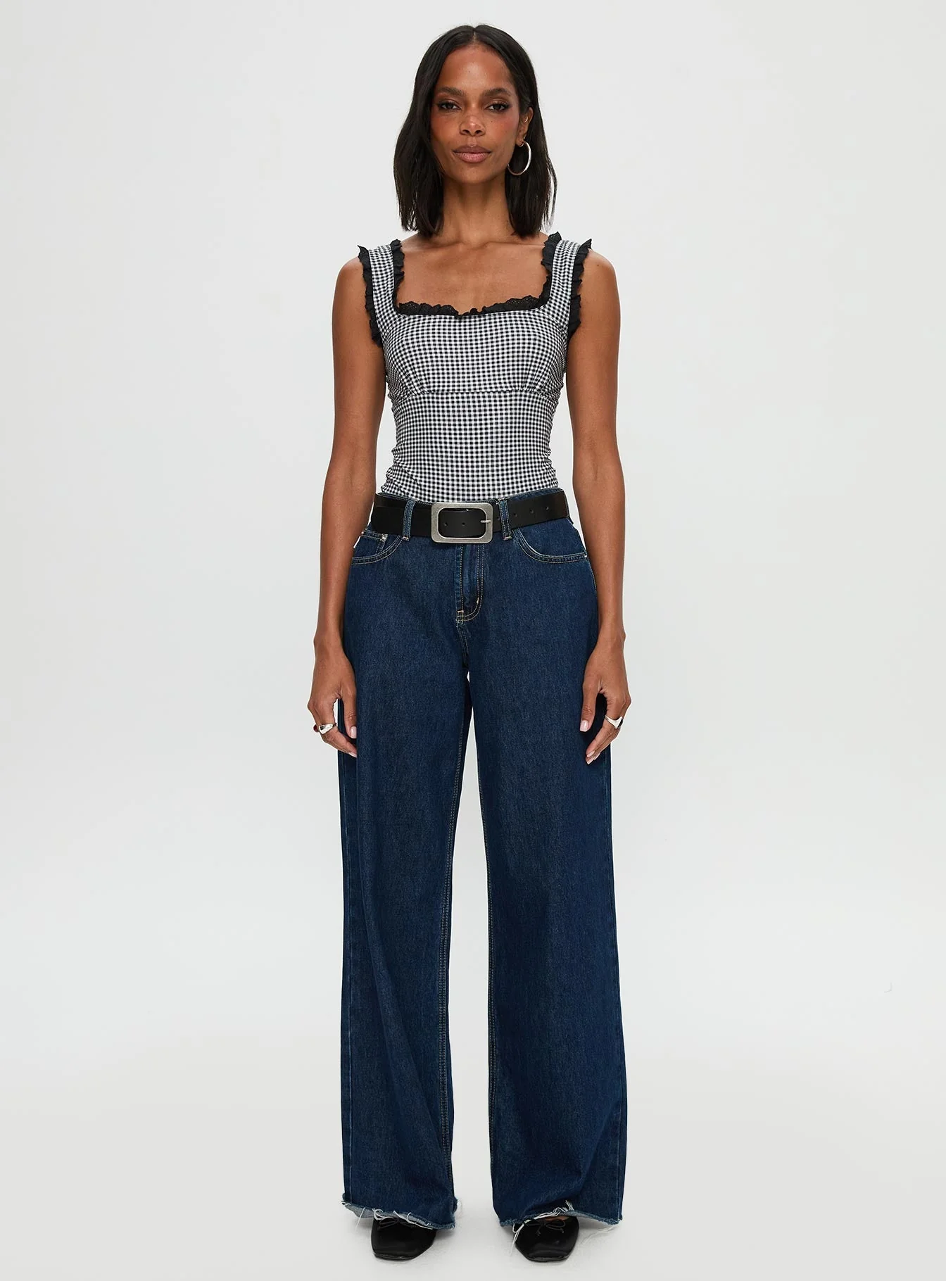 Trustfund Lace Trim Bodysuit Black / White Check - Image 6