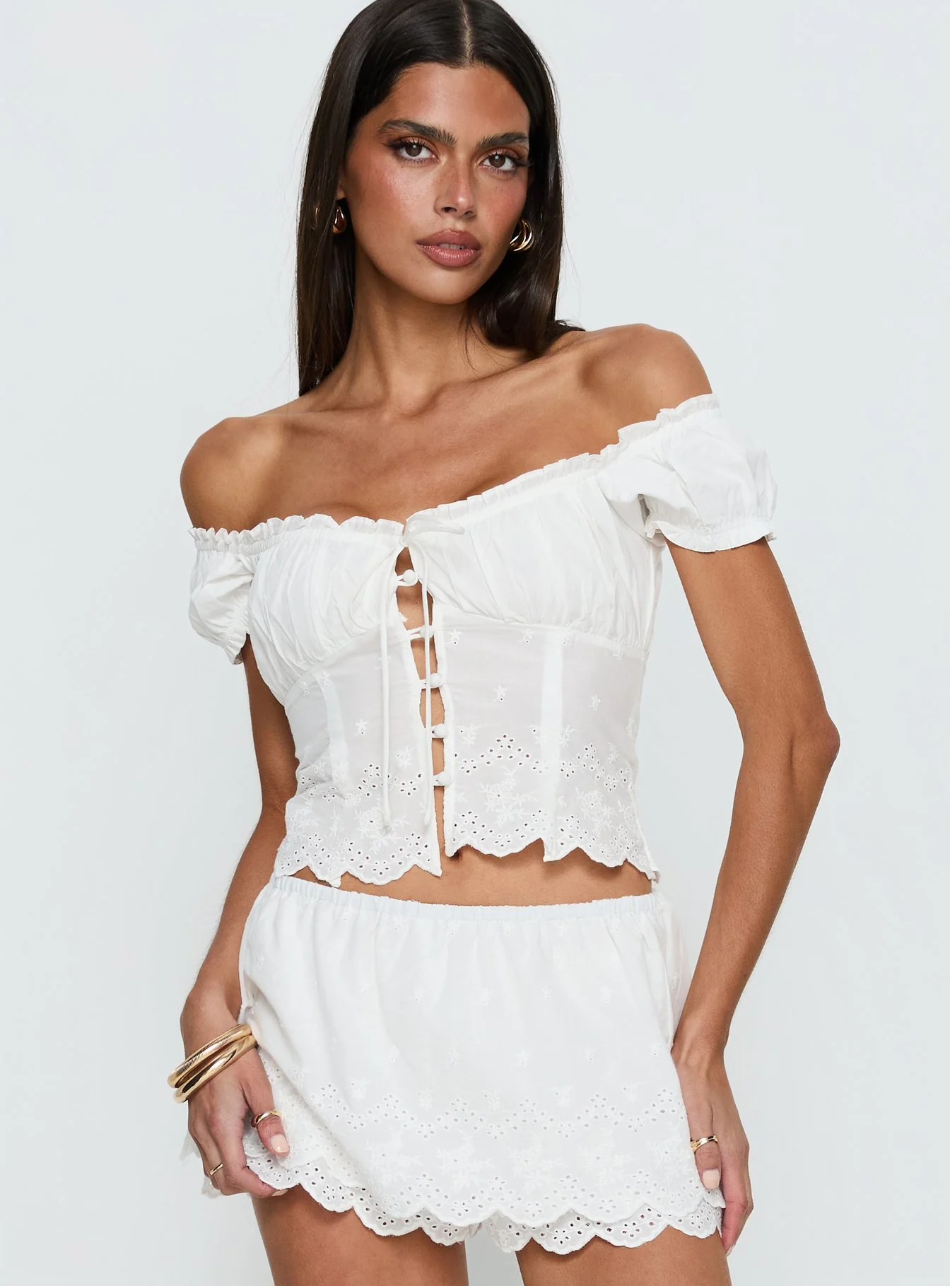 Twin Spirit Off Shoulder Broderie Top White - Image 2