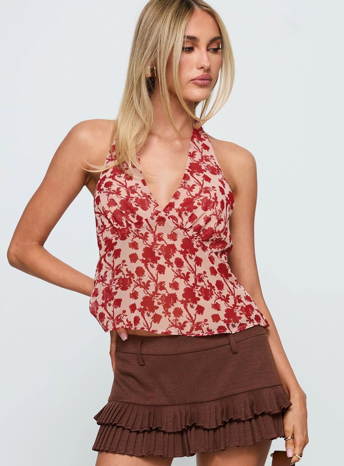 Two Ghosts Low Back Halter Top Red Floral - Image 2
