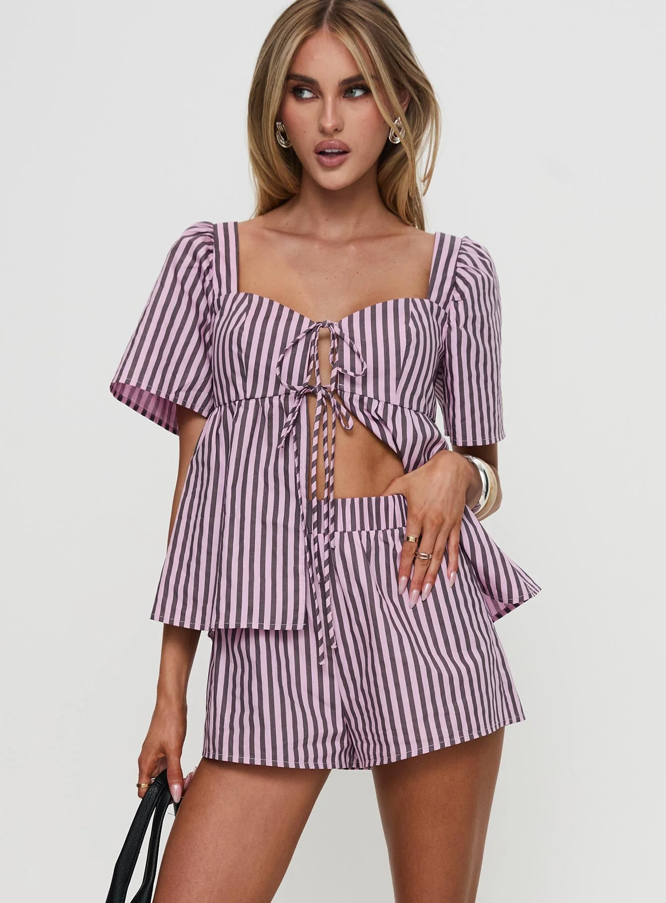 Two Young Hearts Tie Up Set Pink / Brown Stripe - Image 3