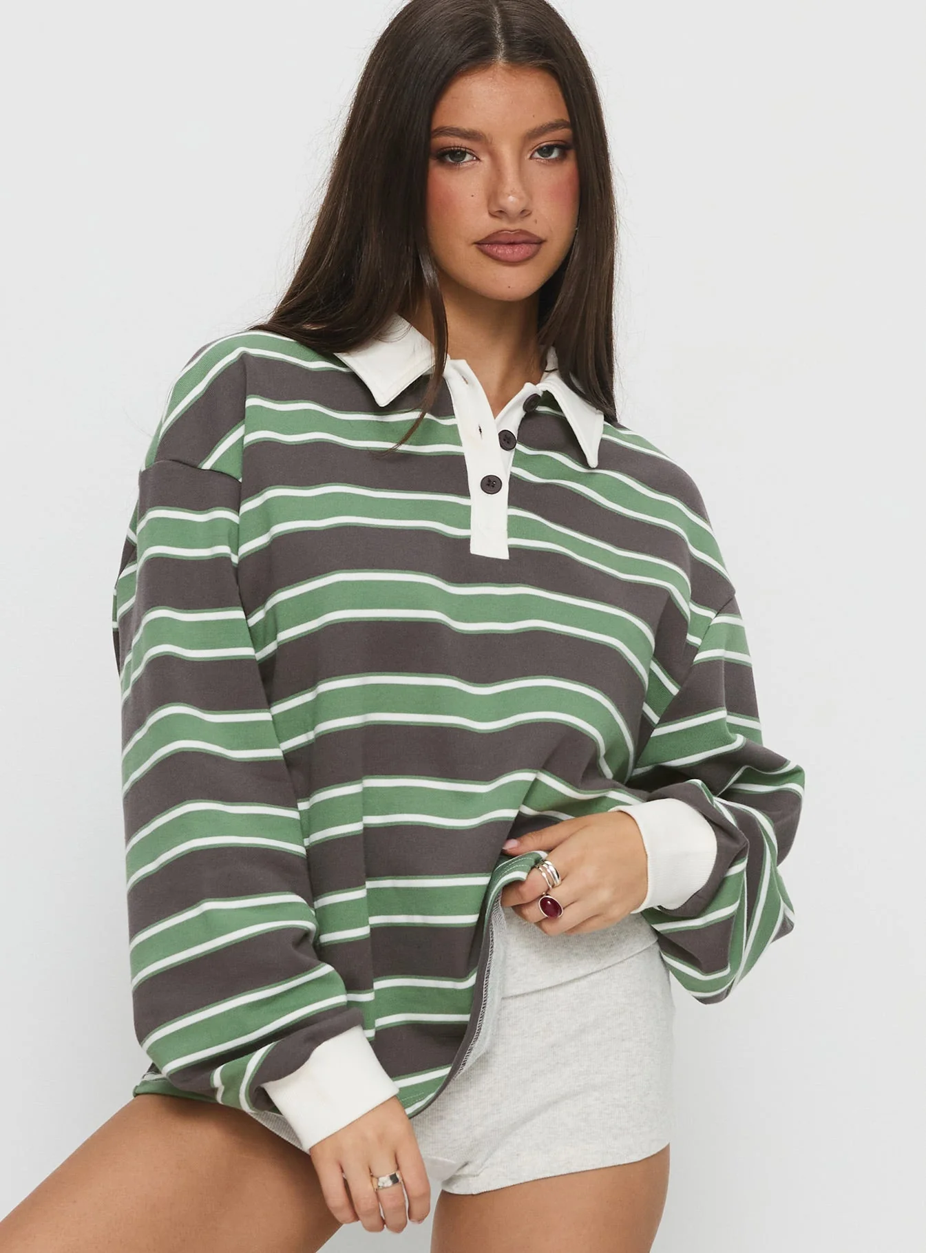 Tycen Polo Rugby Jumper Green / Grey Stripe - Image 2