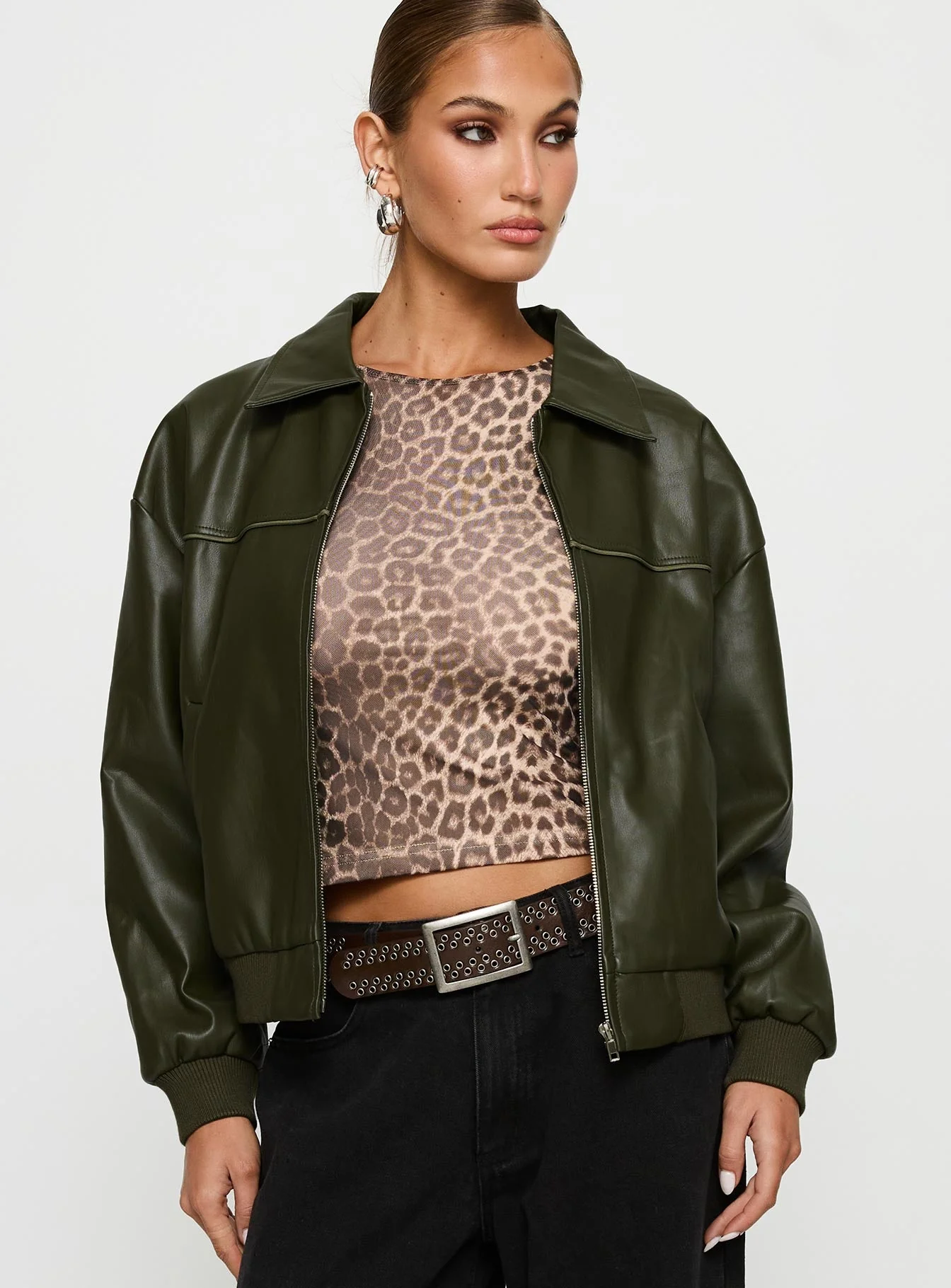 Uncover Faux Leather Bomber Jacket Dark Green - Image 2
