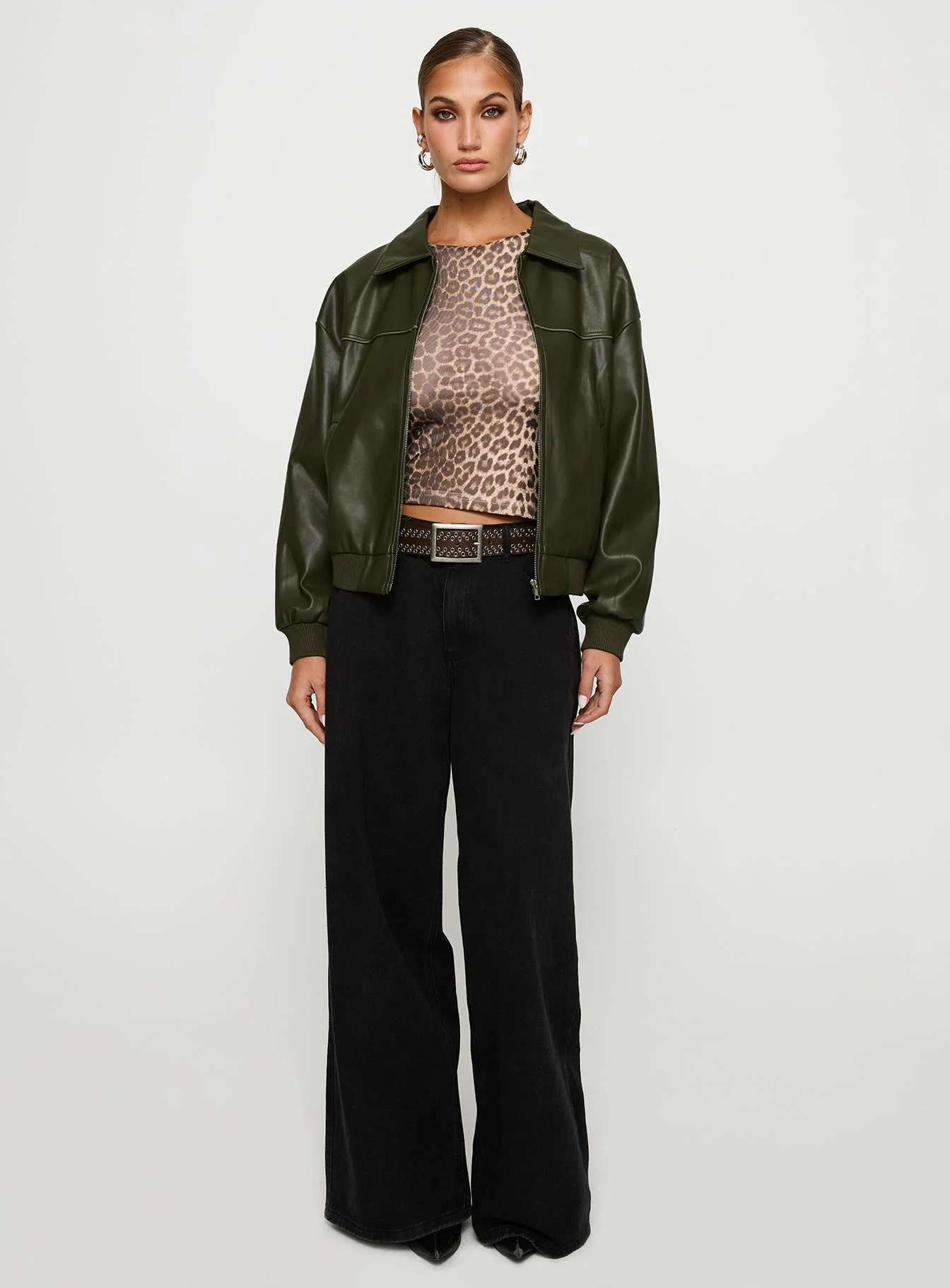 Uncover Faux Leather Bomber Jacket Dark Green - Image 3
