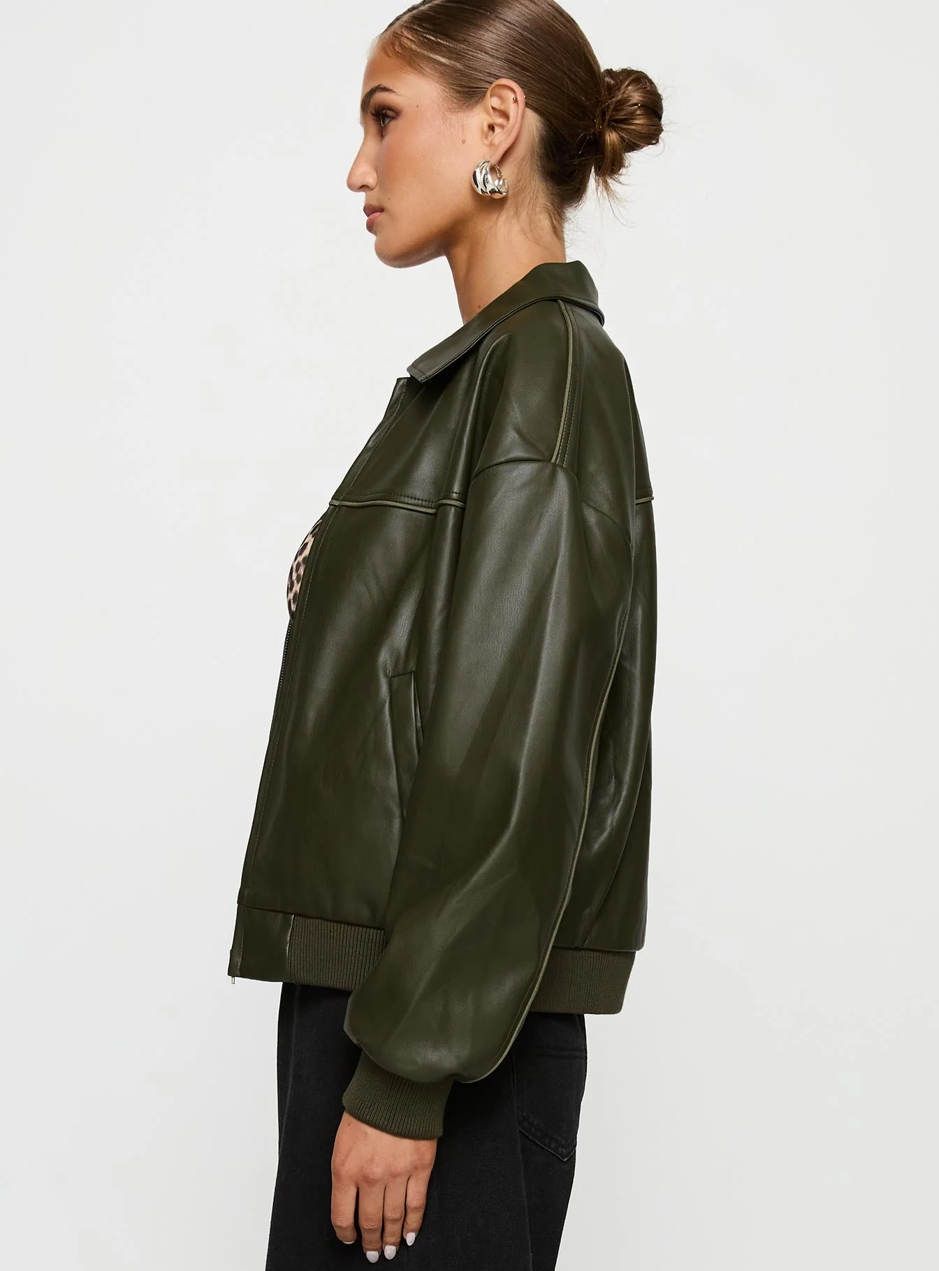 Uncover Faux Leather Bomber Jacket Dark Green - Image 4
