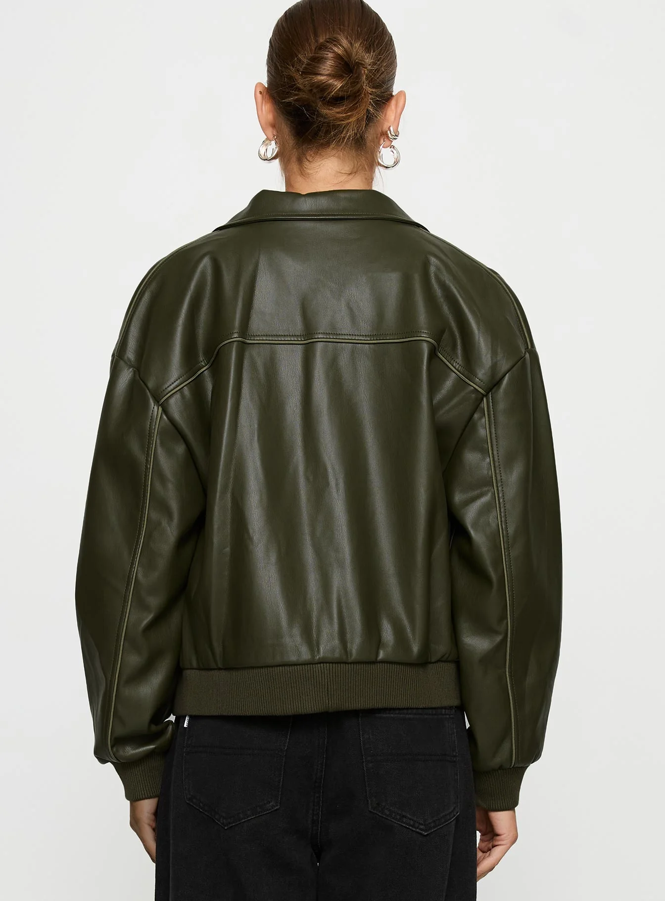 Uncover Faux Leather Bomber Jacket Dark Green - Image 5