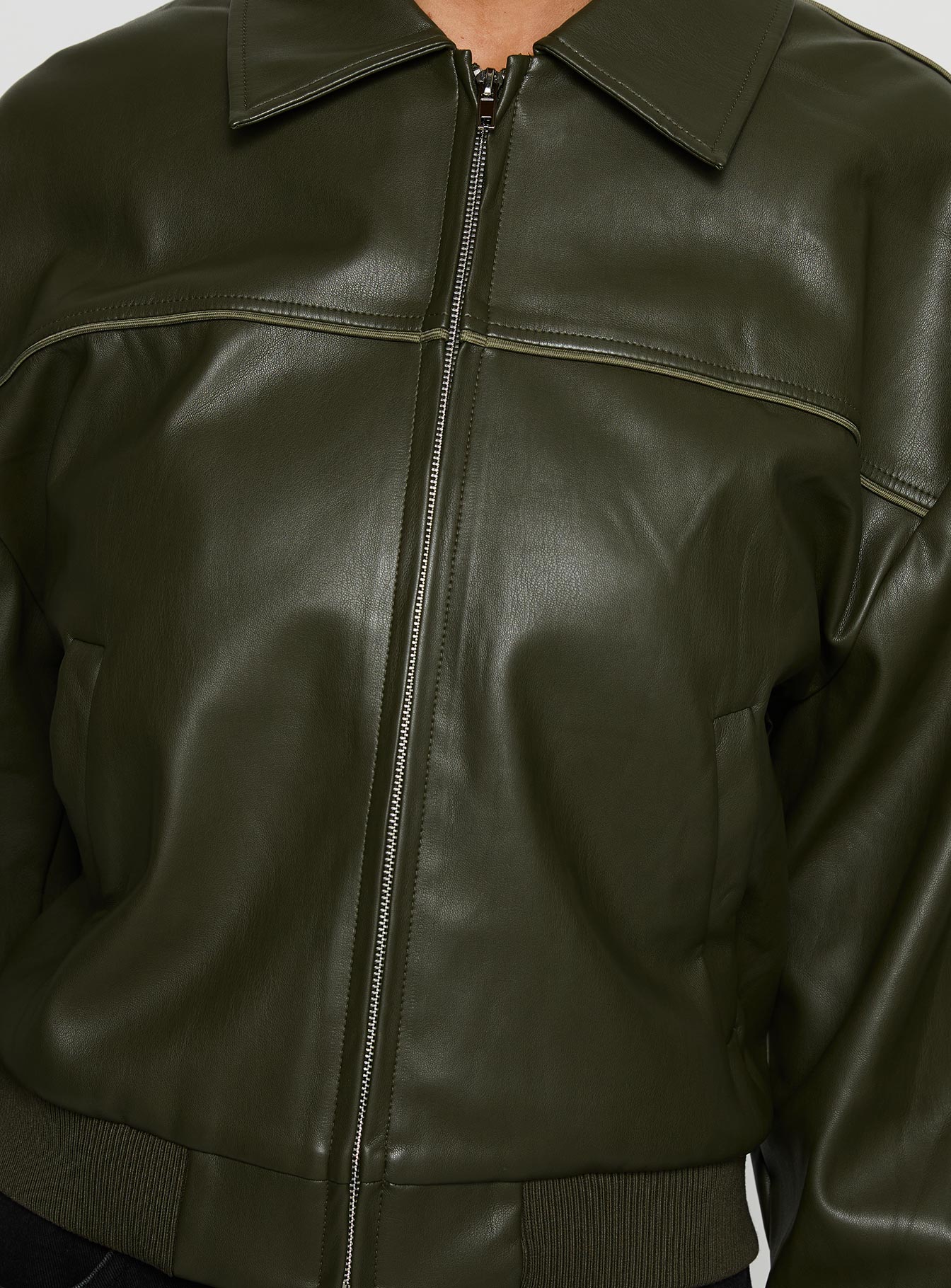 Uncover Faux Leather Bomber Jacket Dark Green - Image 6