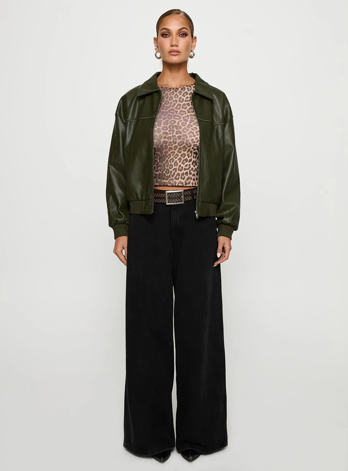 Uncover Faux Leather Bomber Jacket Dark Green - Image 7