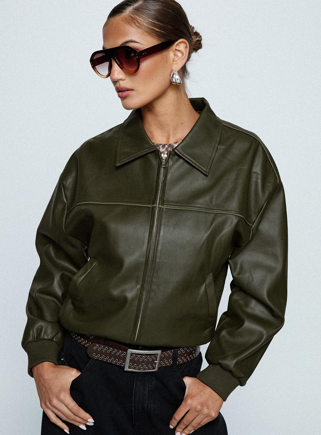 Uncover Faux Leather Bomber Jacket Dark Green - Image 8