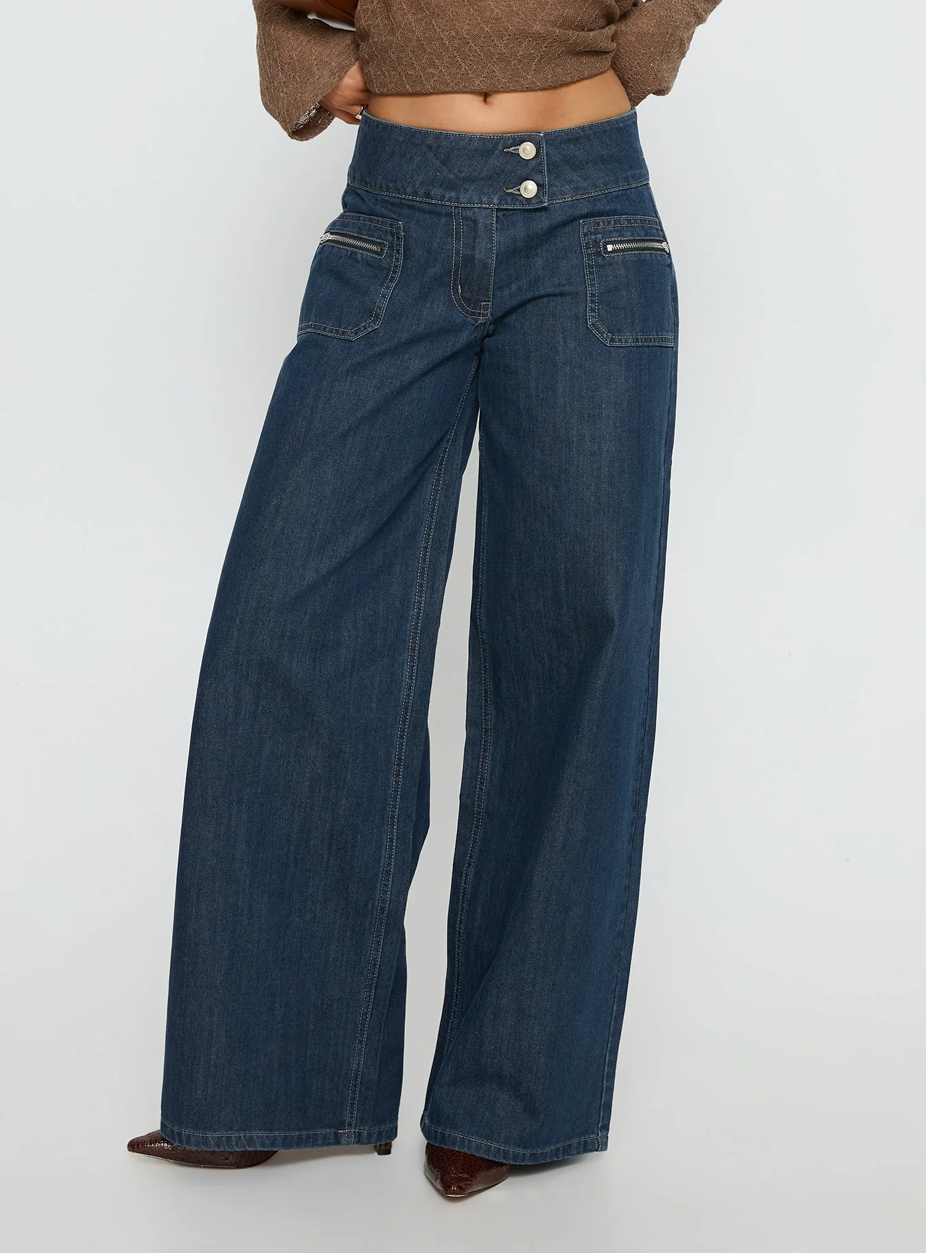 Unwritten Mid Rise Wide Leg Jeans Dark Blue Wash - Image 2