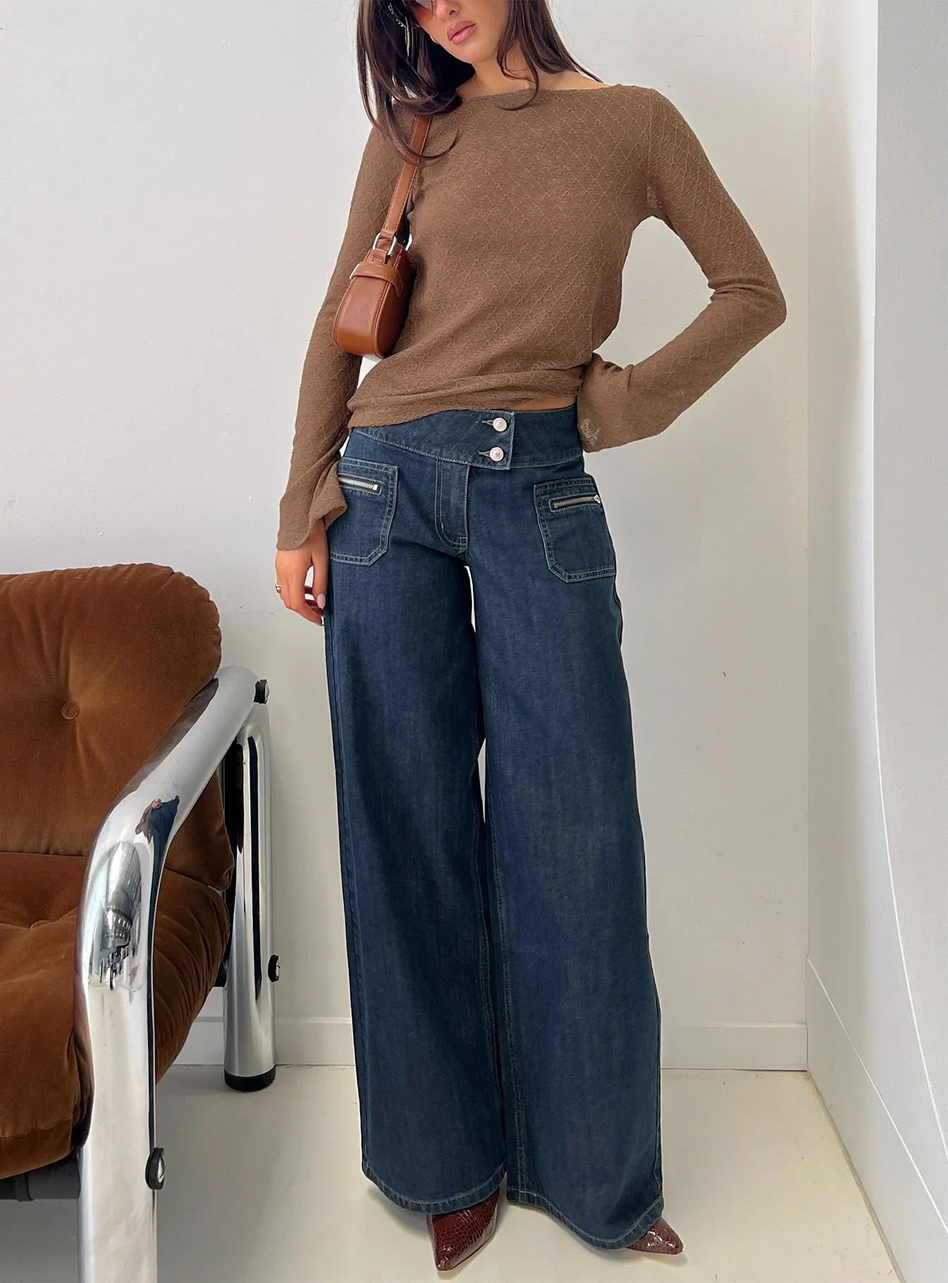 Unwritten Mid Rise Wide Leg Jeans Dark Blue Wash - Image 8