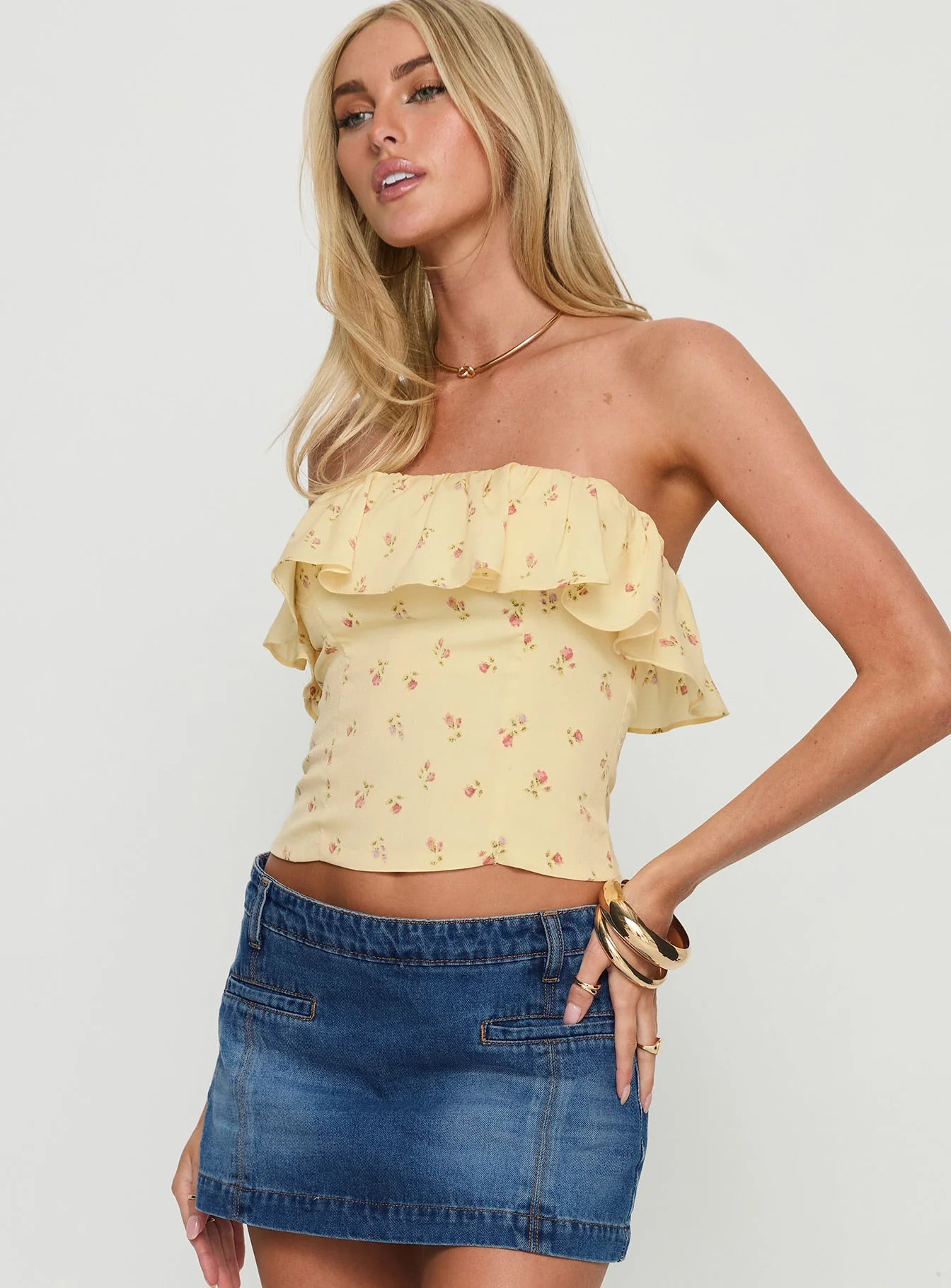 Ursella Strapless Frill Detail Top Yellow Floral - Image 3
