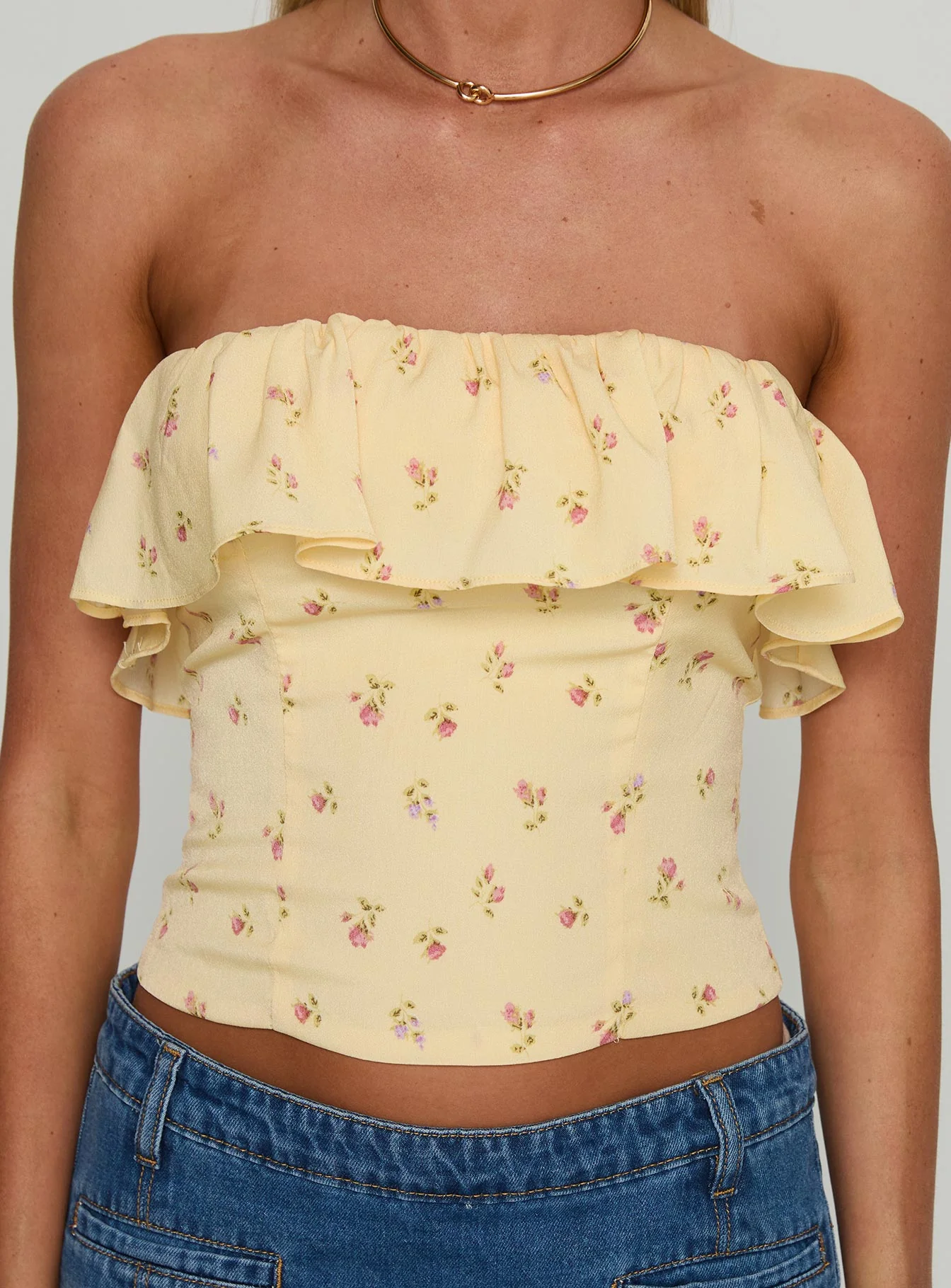Ursella Strapless Frill Detail Top Yellow Floral - Image 5