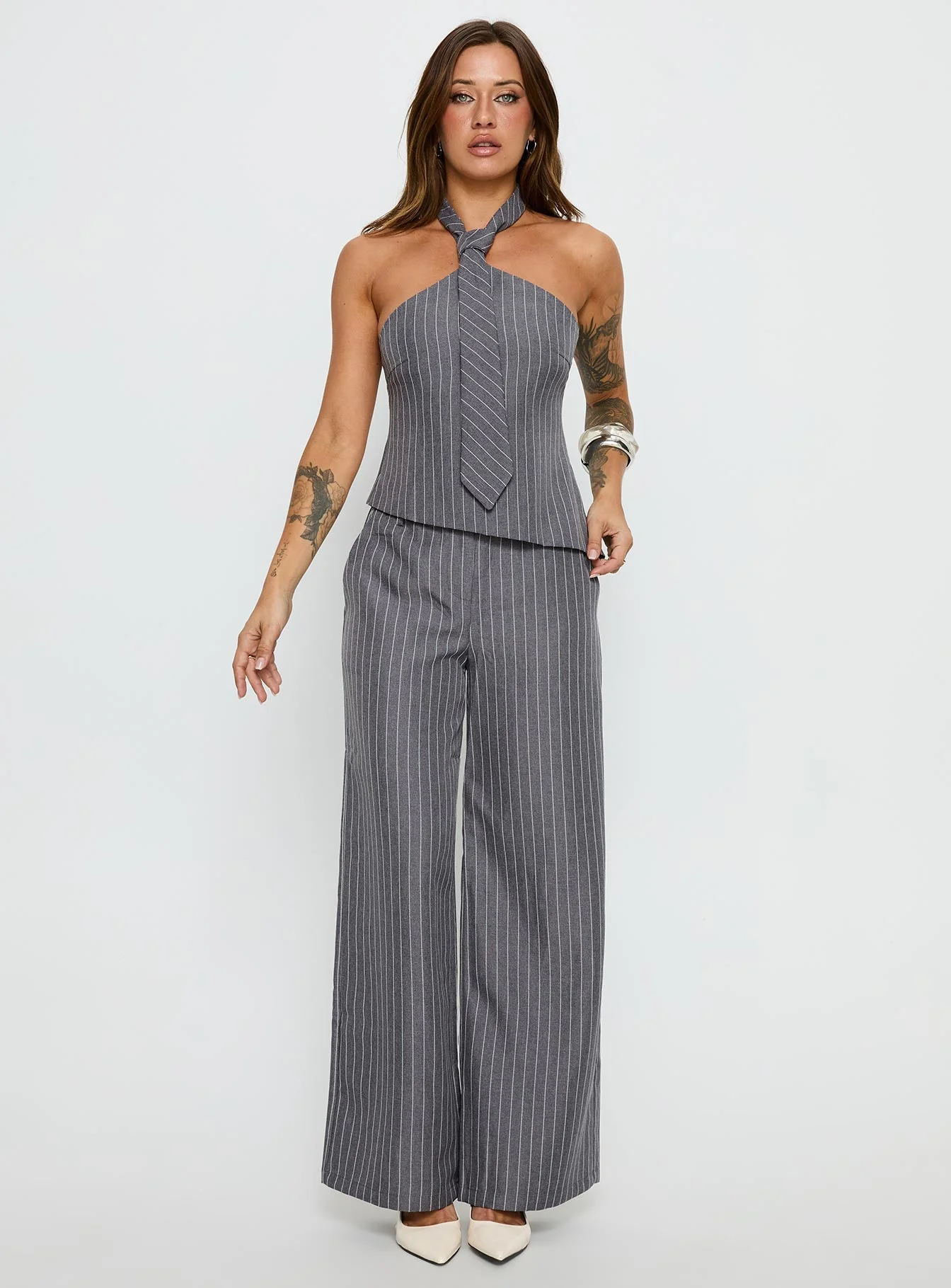 Uvelia Tie Detail Top Grey Pinstripe - Image 3