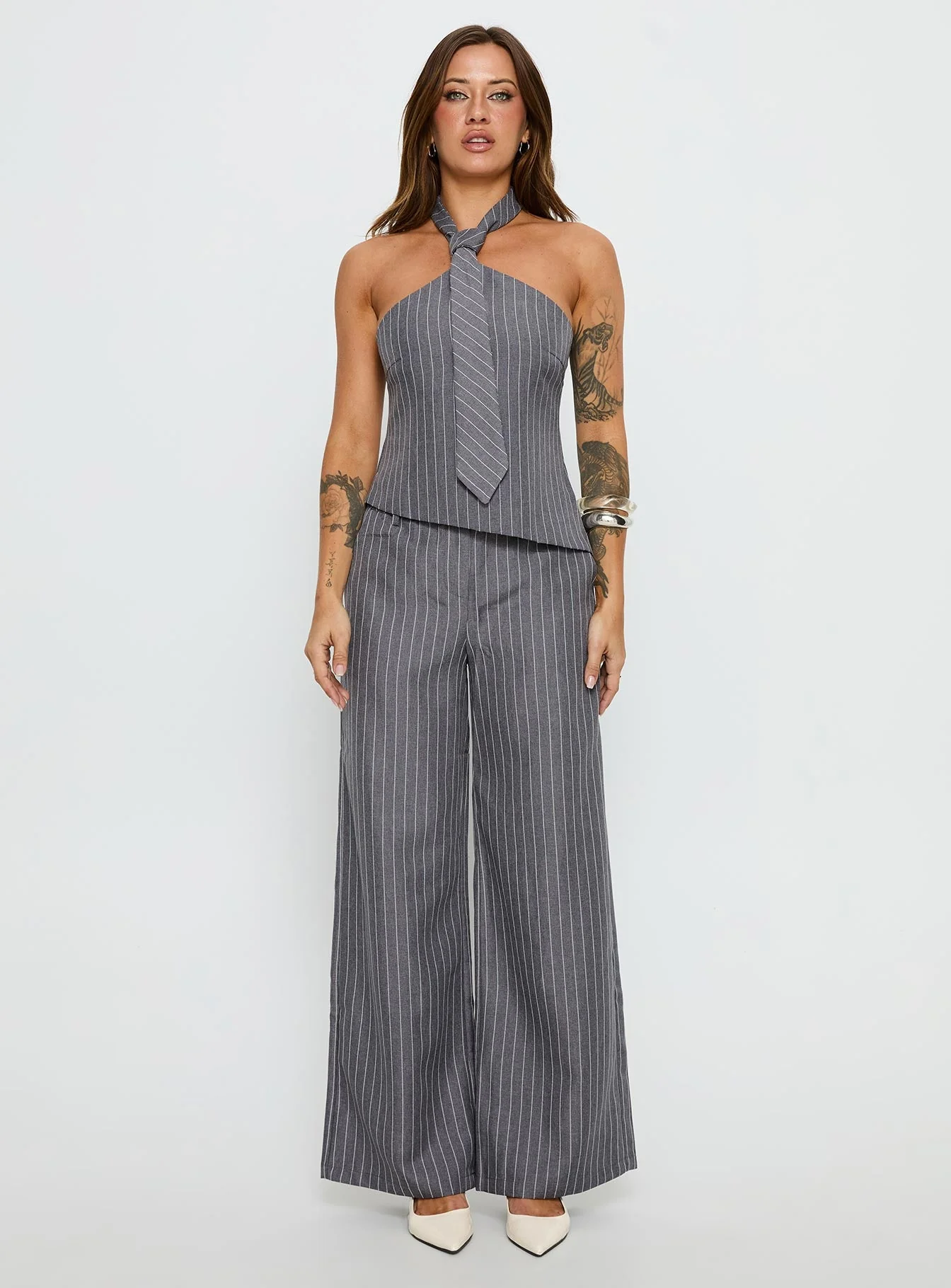 Uvelia Tie Detail Top Grey Pinstripe - Image 7