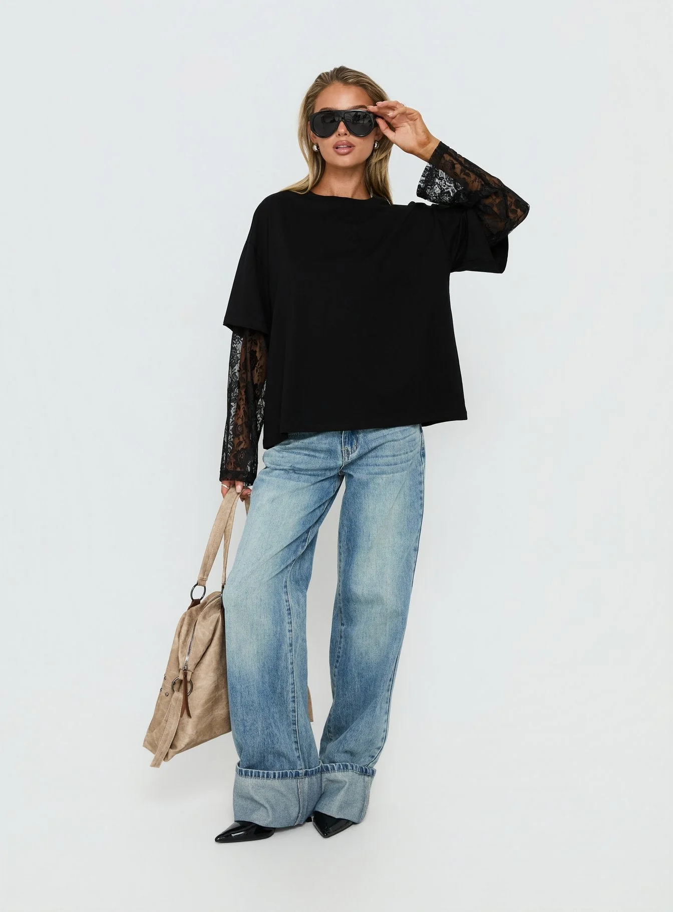 Valenciah Lace Layered Long Sleeve T-Shirt Black - Image 3