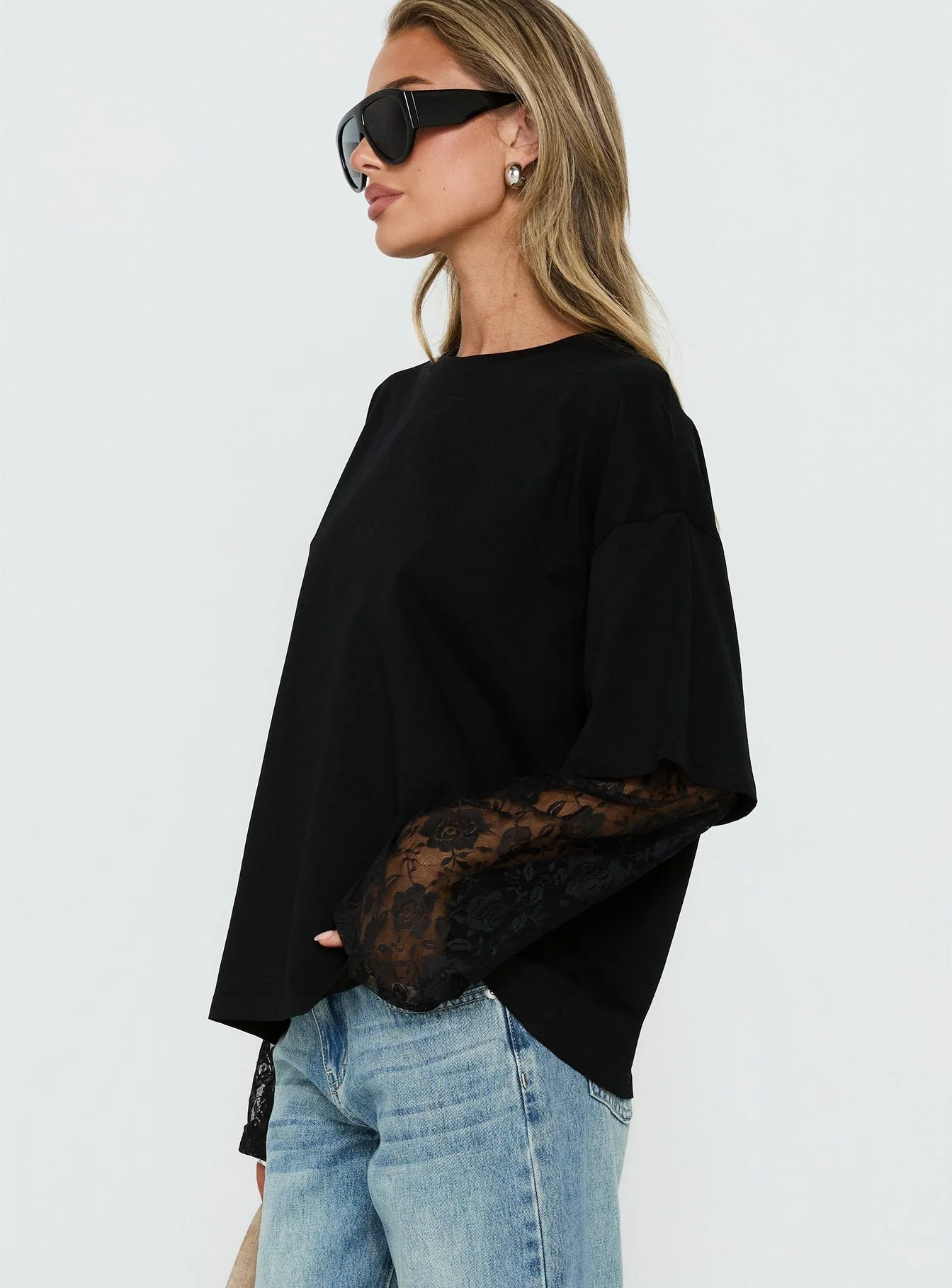 Valenciah Lace Layered Long Sleeve T-Shirt Black - Image 4
