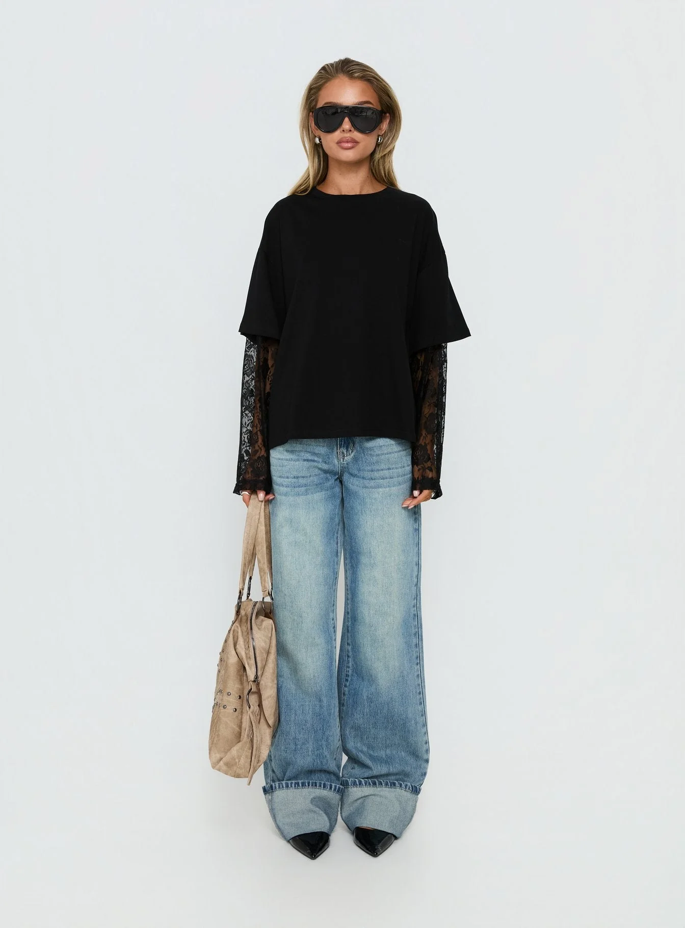 Valenciah Lace Layered Long Sleeve T-Shirt Black - Image 8