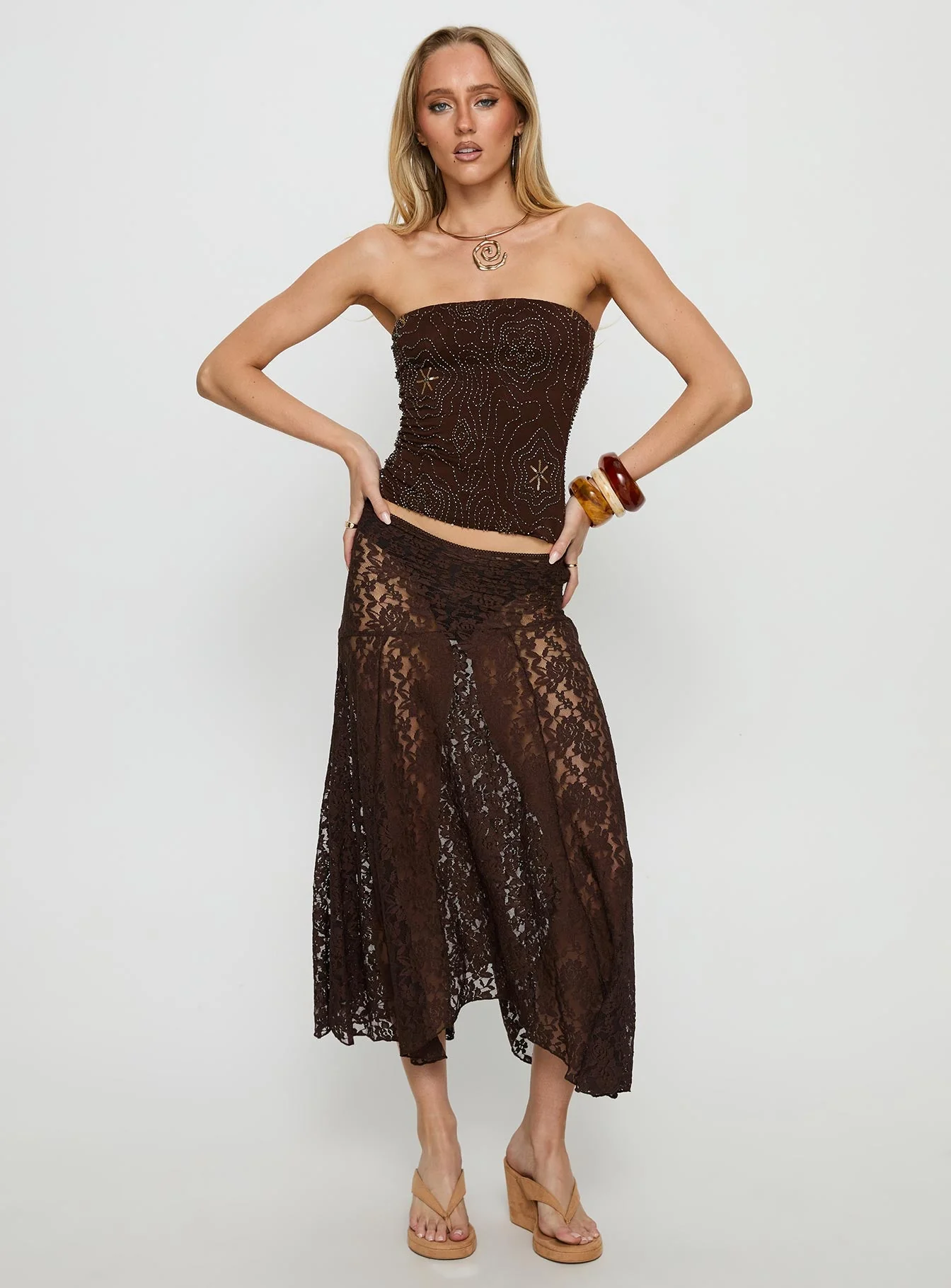 Vania Bead Detail Strapless Top Chocolate - Image 3
