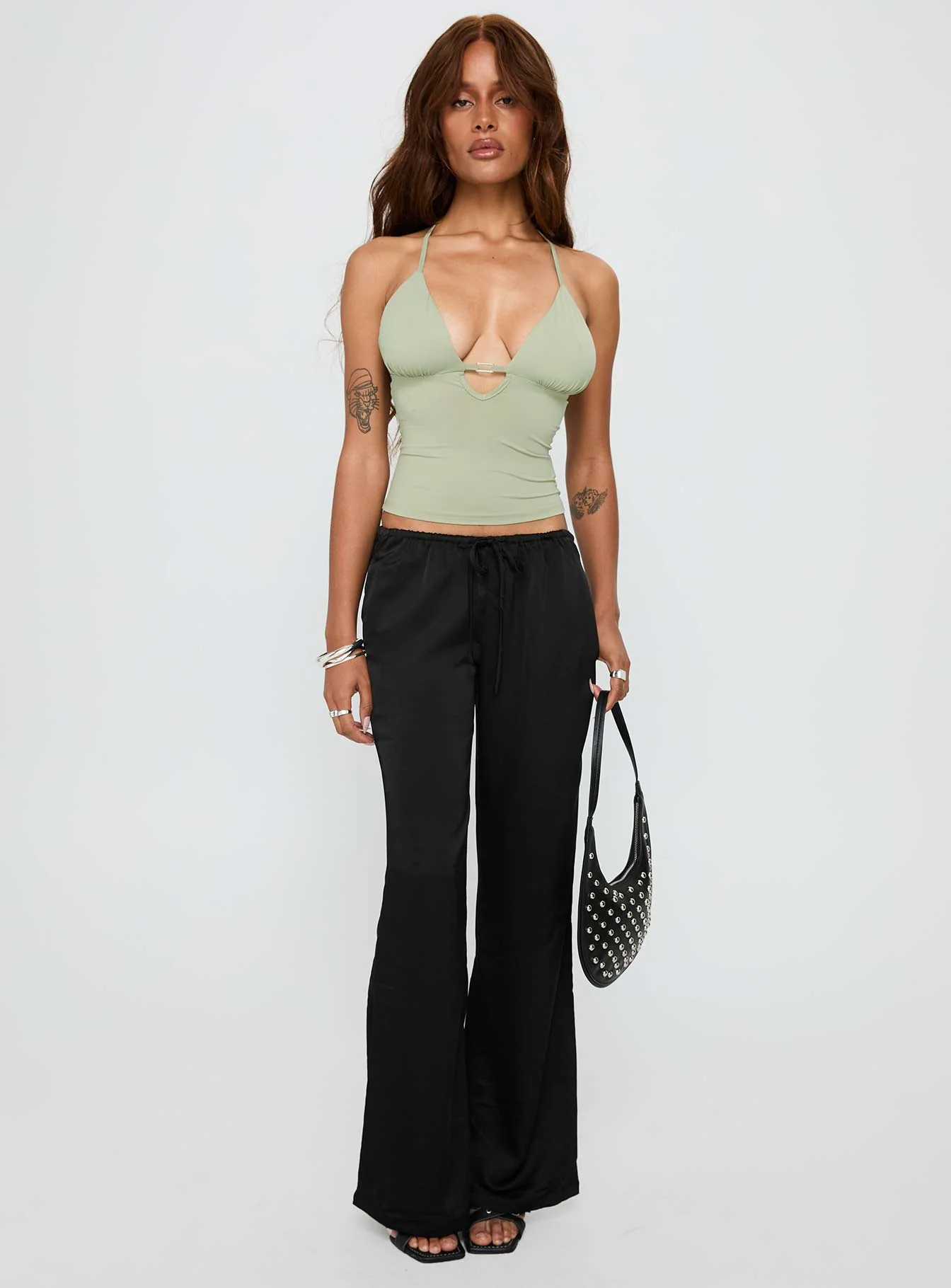 Vanille Tie Waist Satin Pants Black - Image 2
