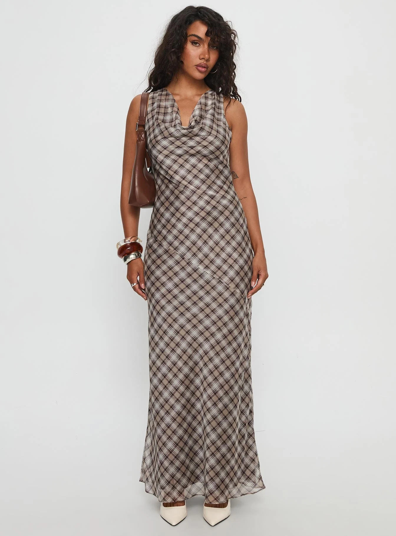 Veida Cowl Neck Maxi Dress Brown Check - Image 3
