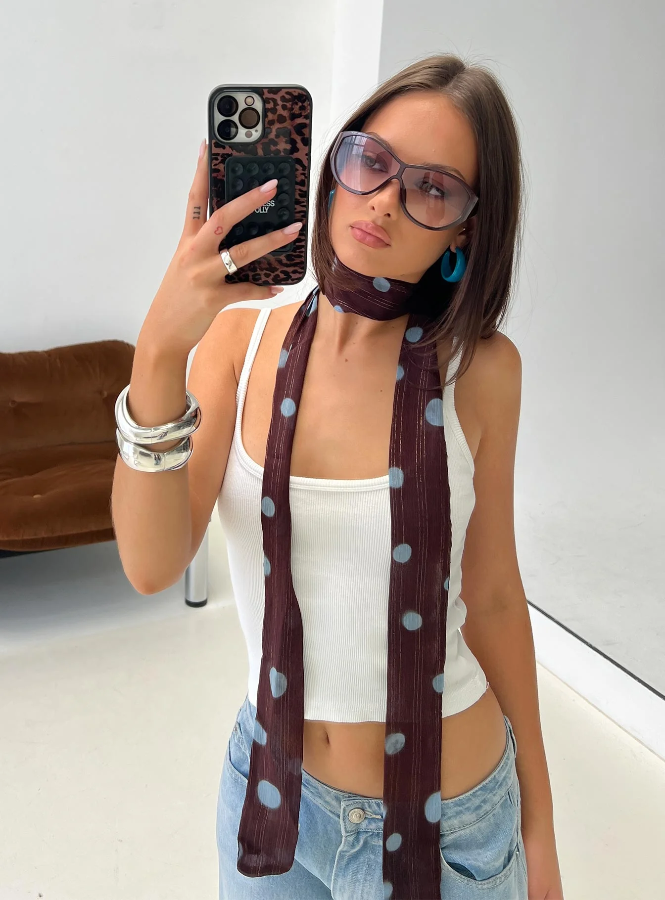 Velveta Skinny Scarf Brown / Blue Polka