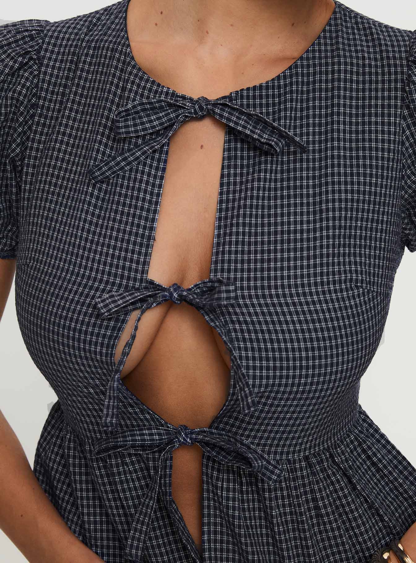 Verah Tie Up Puff Sleeve Top Navy Check - Image 6