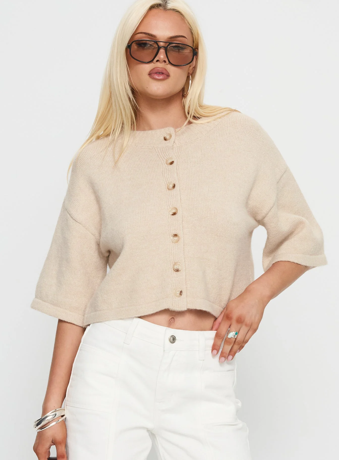 Verina Short Sleeve Knit Cardigan Oat - Image 2