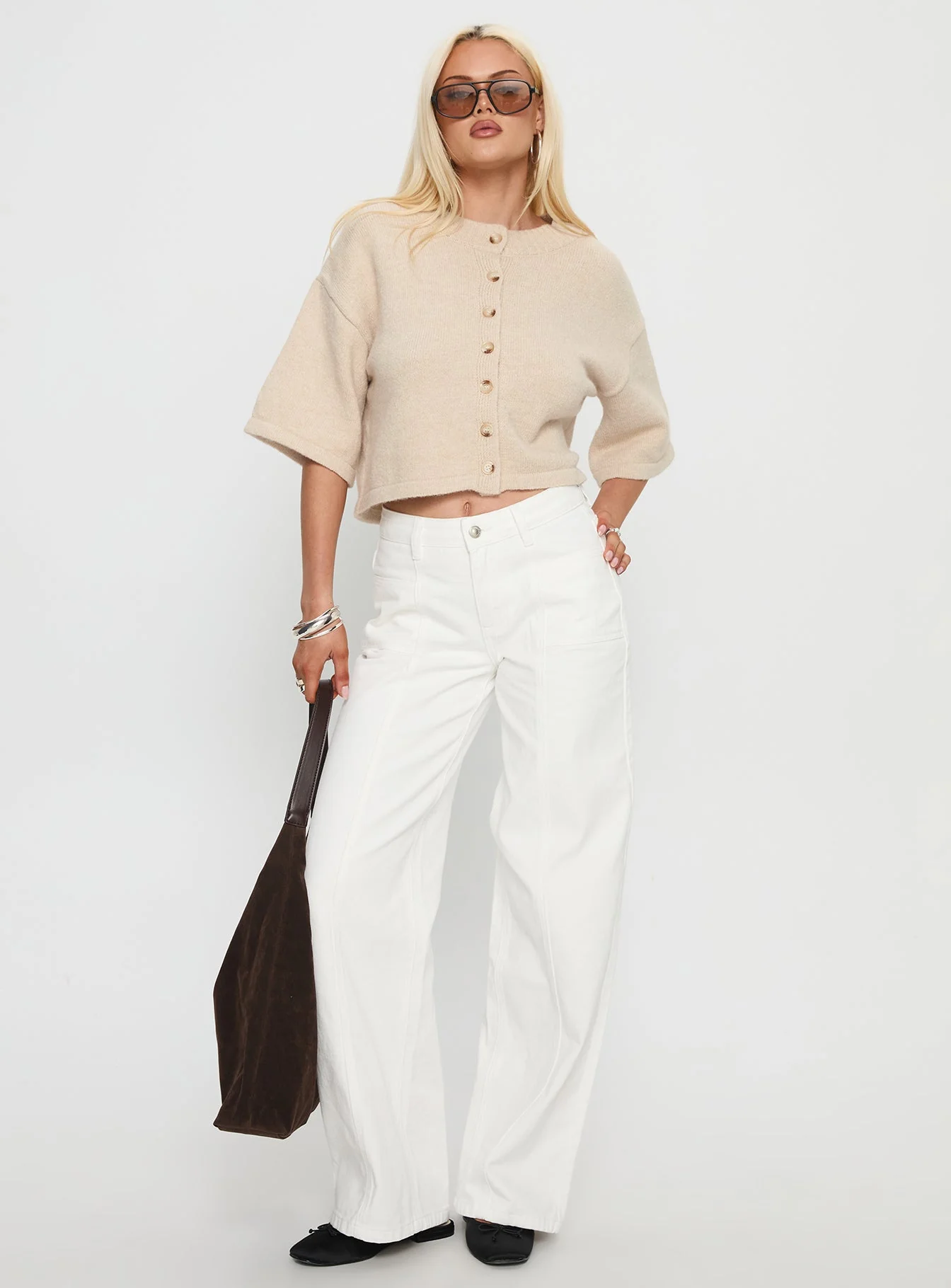Verina Short Sleeve Knit Cardigan Oat - Image 3