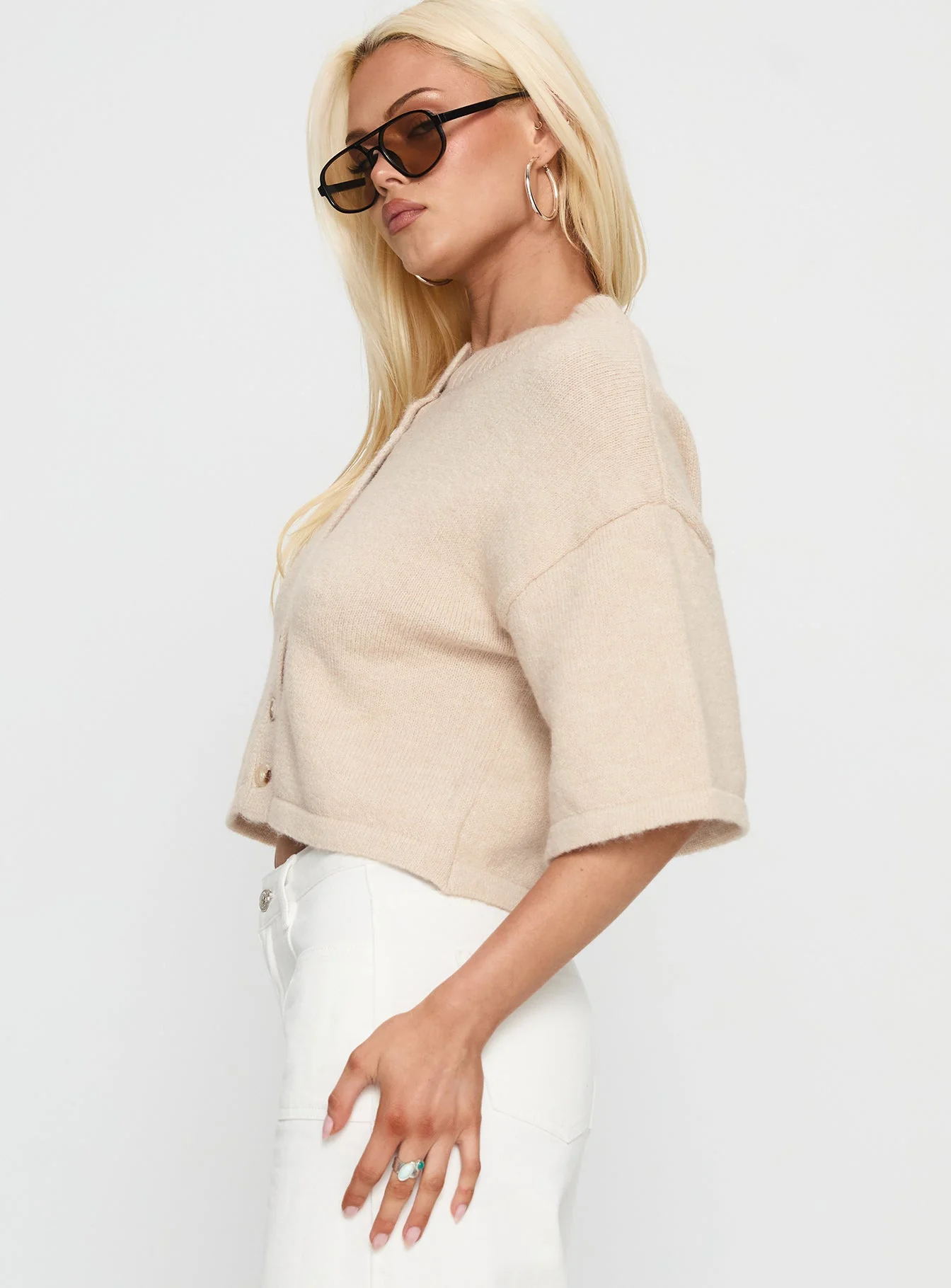 Verina Short Sleeve Knit Cardigan Oat - Image 4
