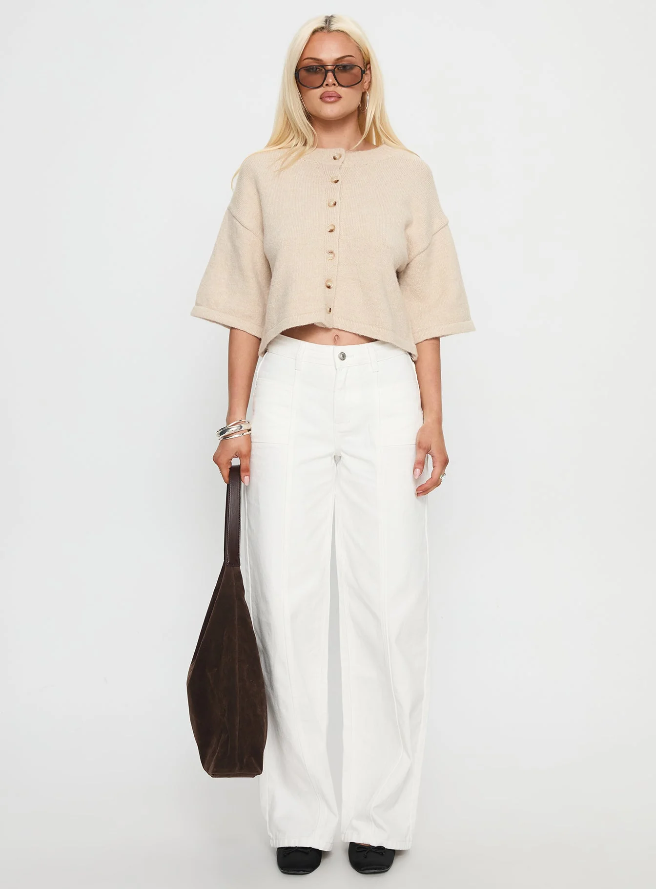 Verina Short Sleeve Knit Cardigan Oat - Image 7