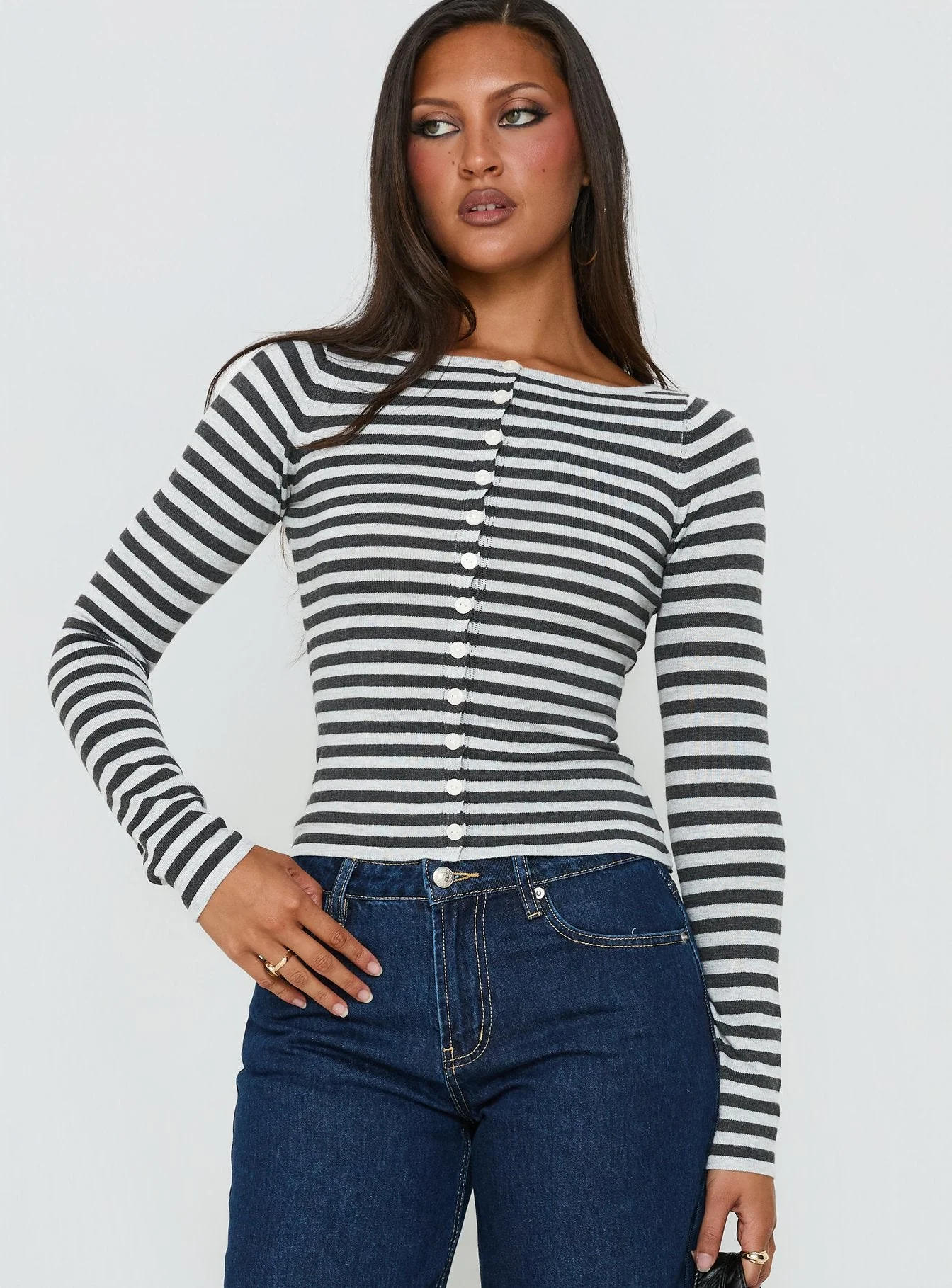 Vesira Button Detail Long Sleeve Knit Cardigan Stripe - Image 2