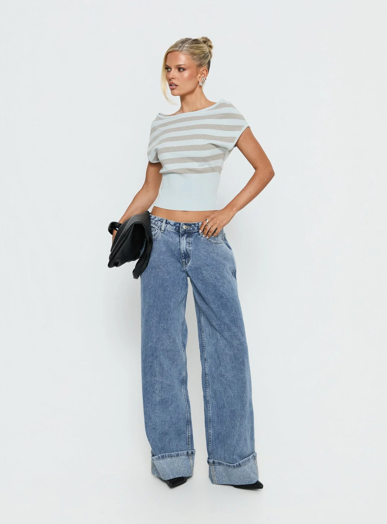 Vianne Cinched Waist Short Sleeve Knit Top Blue / Grey Stripe - Image 3