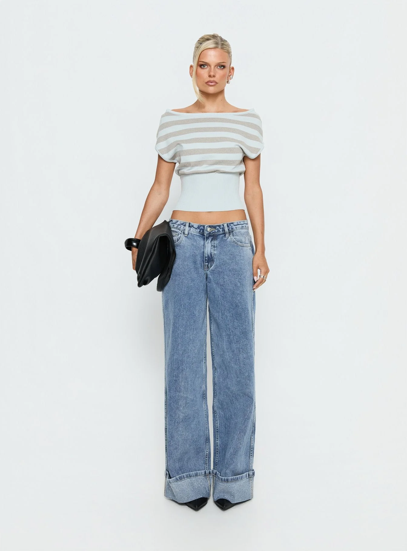 Vianne Cinched Waist Short Sleeve Knit Top Blue / Grey Stripe - Image 8