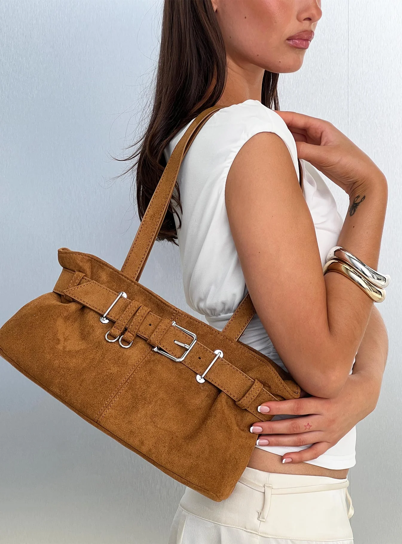 Views Of Capri Faux Suede Buckle Shoulder Bag Brown - Image 6