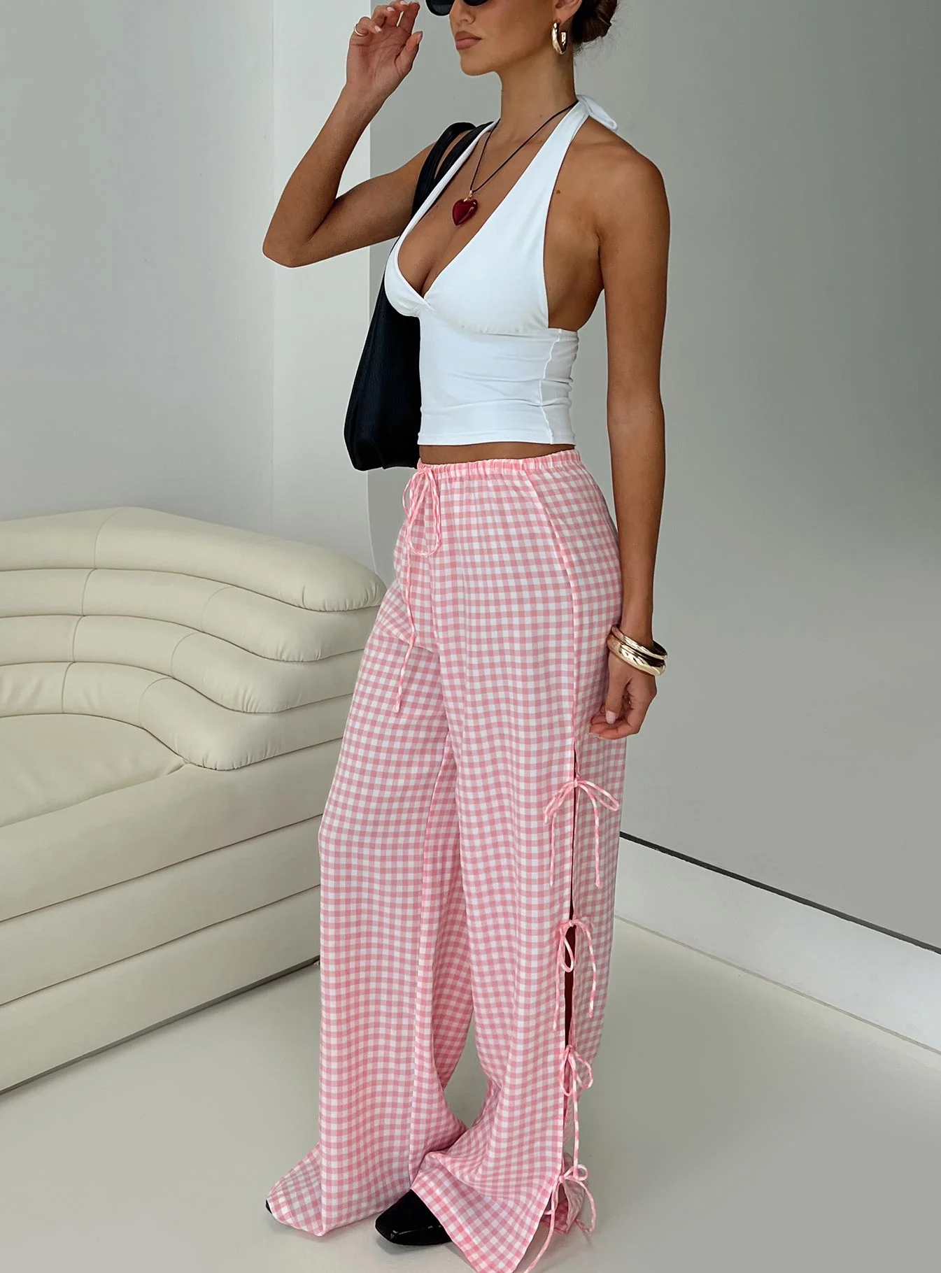 Villa Donna Bow Pants Pink Check