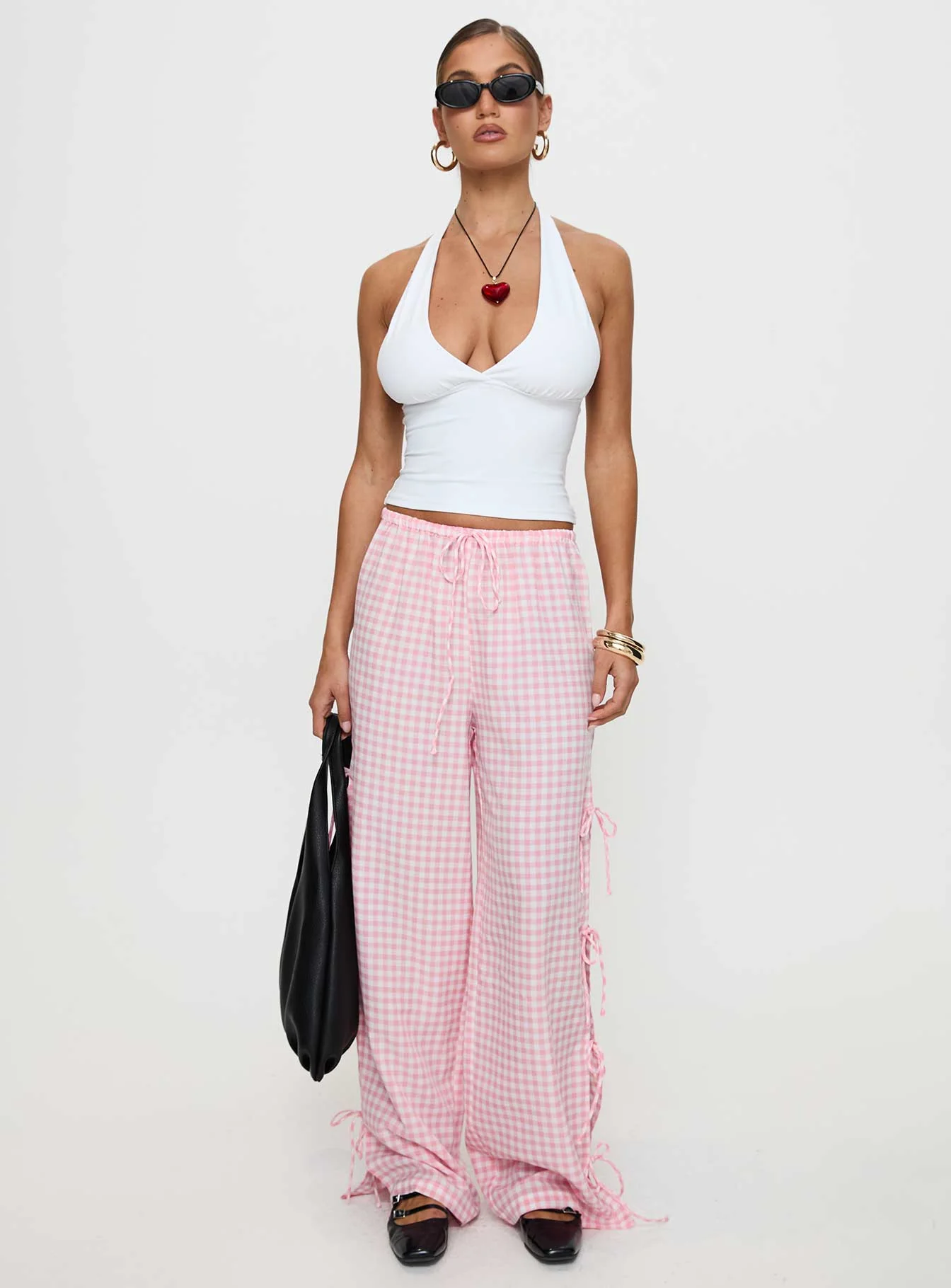 Villa Donna Bow Pants Pink Check - Image 3